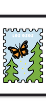 A framed art print featuring a stylized postage stamp design with an orange and black butterfly, green trees, and the text 'LOS OSOS' on a white background.
