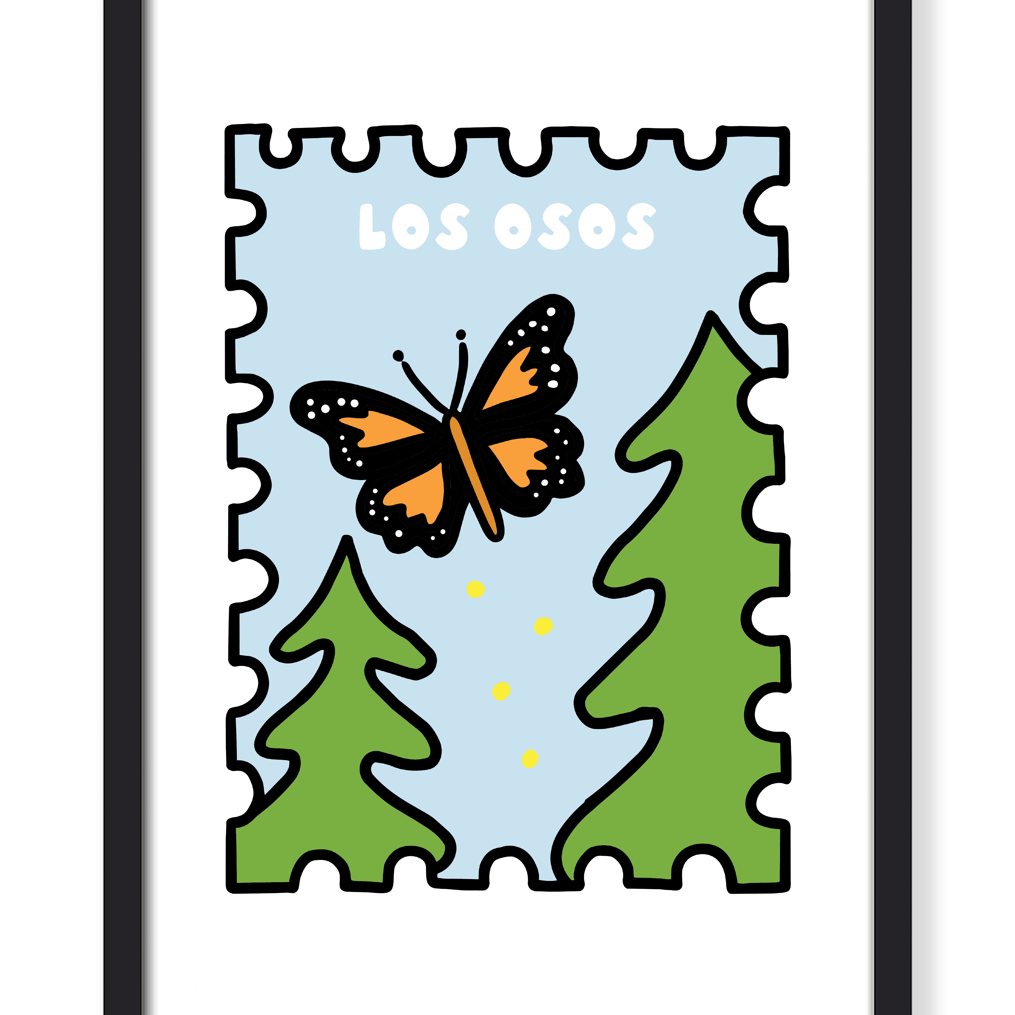 A framed art print featuring a stylized postage stamp design with an orange and black butterfly, green trees, and the text 'LOS OSOS' on a white background.