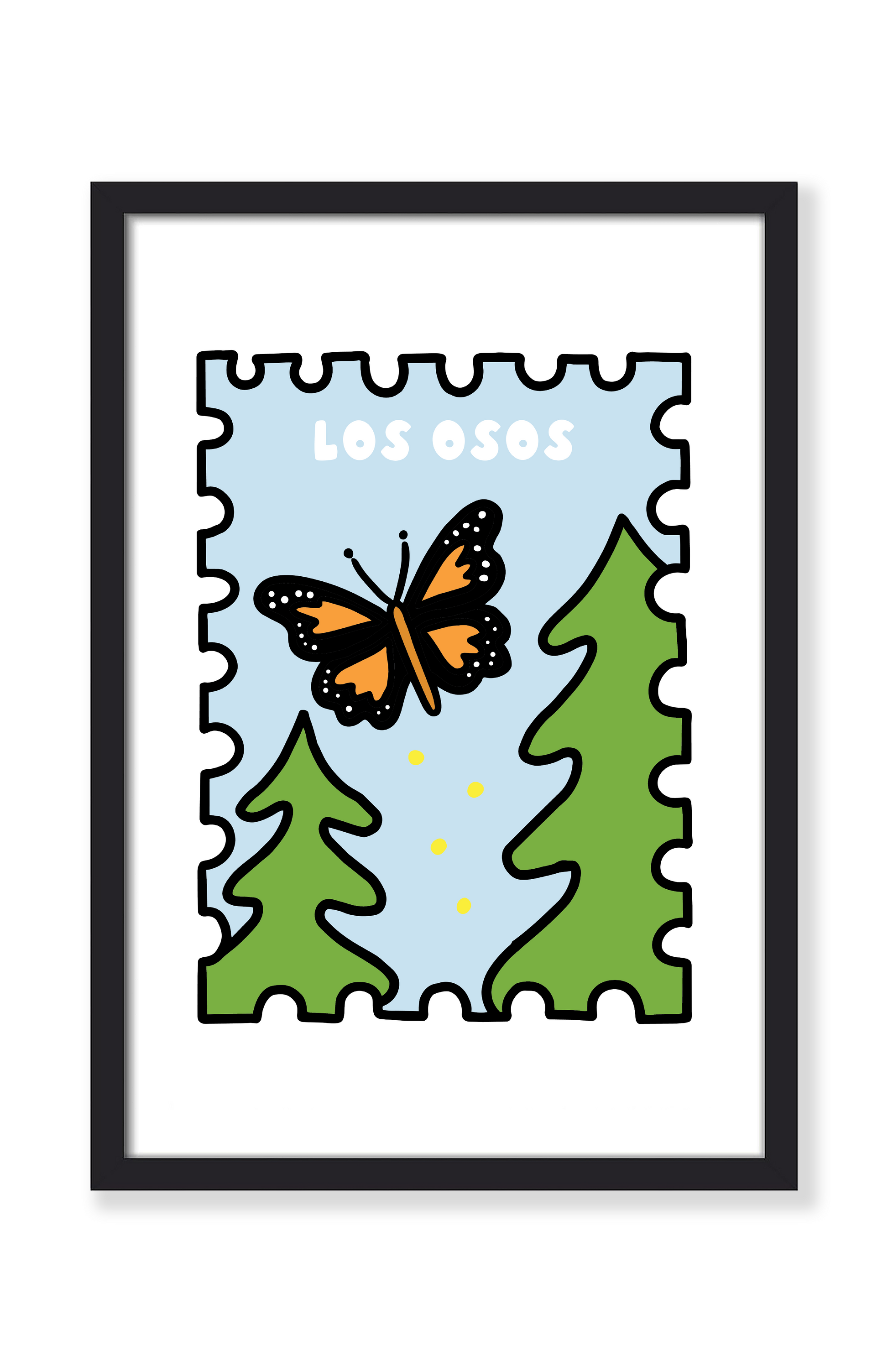 A framed art print featuring a stylized postage stamp design with an orange and black butterfly, green trees, and the text 'LOS OSOS' on a white background.