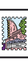 A framed art print featuring a stylized, stamp-like illustration of the Fremont Theatre in Las Vegas with the words 'FREMONT' and 'BUEN DIA'. The artwork uses a retro color palette with pink, light blue, green, purple, and yellow, presented in a black frame against a white background.