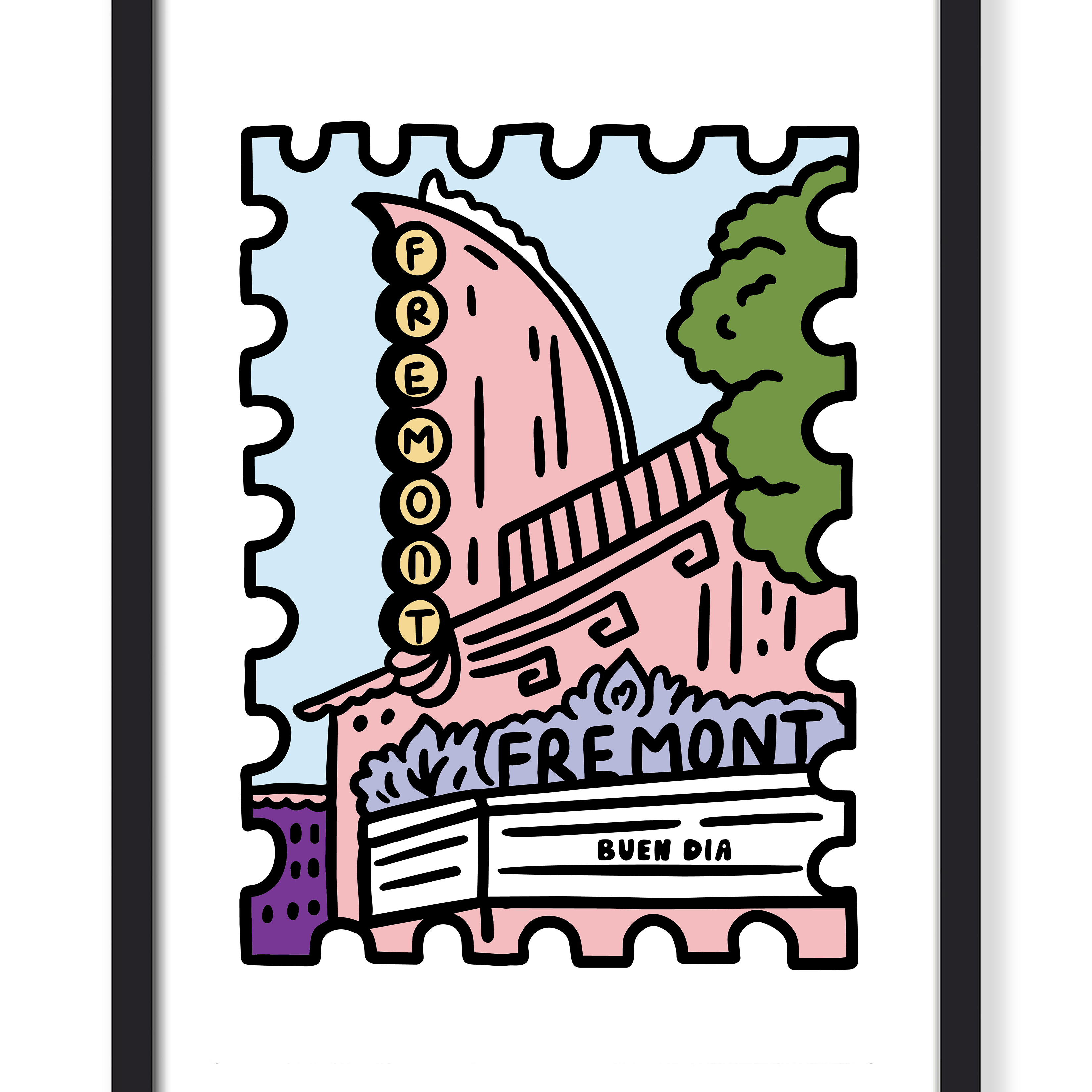 A framed art print featuring a stylized, stamp-like illustration of the Fremont Theatre in Las Vegas with the words 'FREMONT' and 'BUEN DIA'. The artwork uses a retro color palette with pink, light blue, green, purple, and yellow, presented in a black frame against a white background.