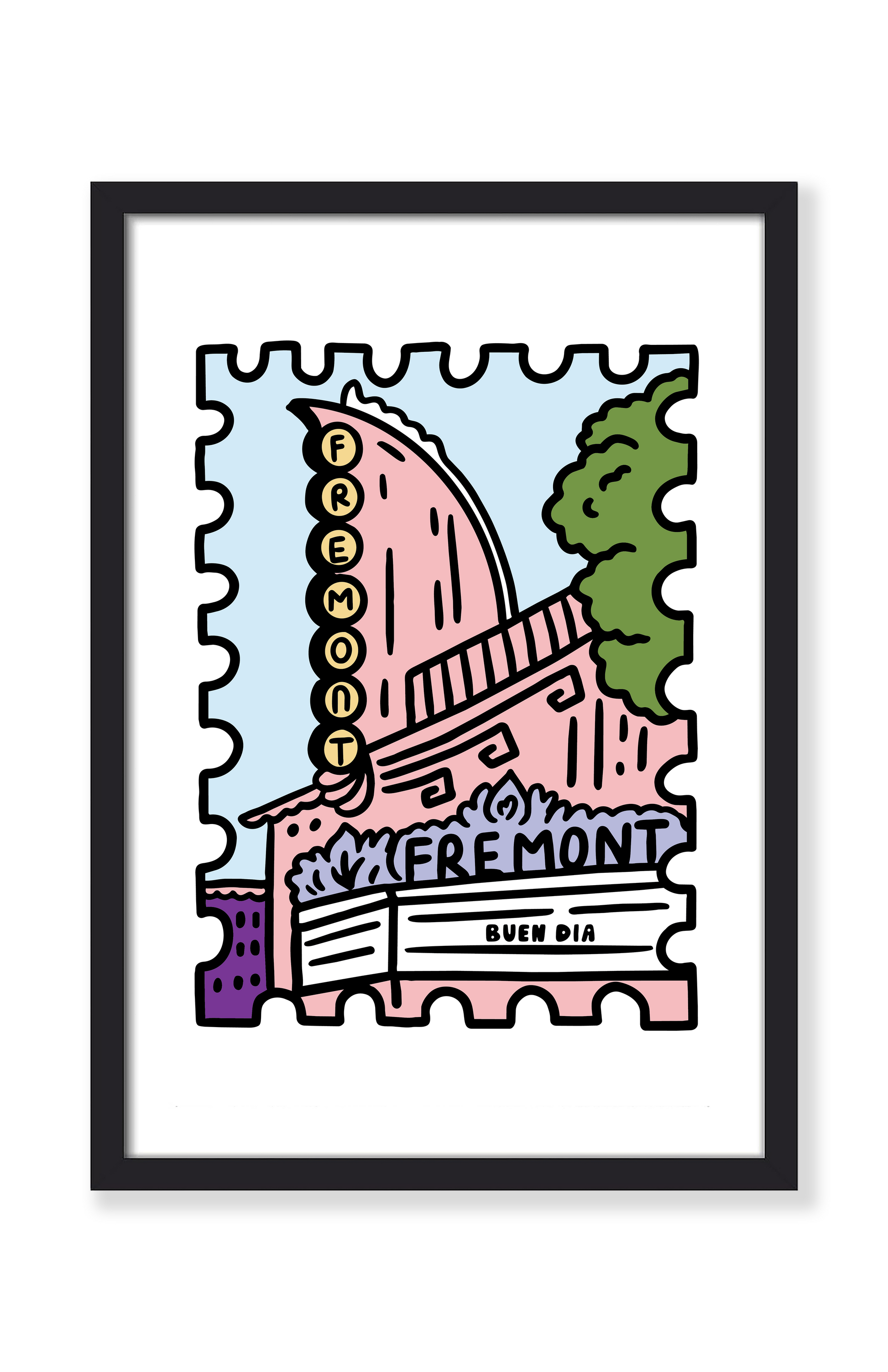 A framed art print featuring a stylized, stamp-like illustration of the Fremont Theatre in Las Vegas with the words 'FREMONT' and 'BUEN DIA'. The artwork uses a retro color palette with pink, light blue, green, purple, and yellow, presented in a black frame against a white background.