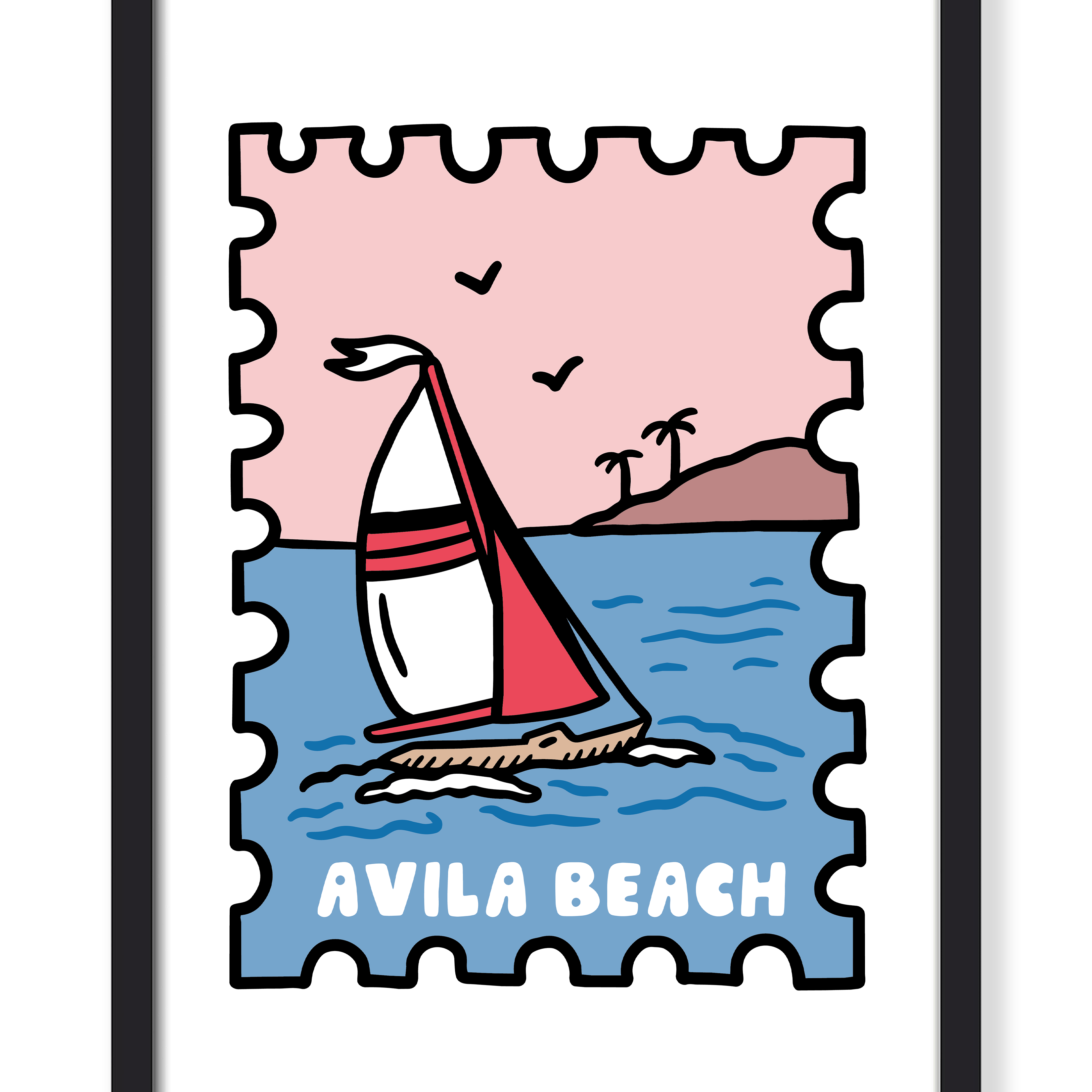 A framed art print featuring a stylized illustration of a sailboat on blue water with a pink sky and the text 'AVILA BEACH' at the bottom, shown against a clean white background.