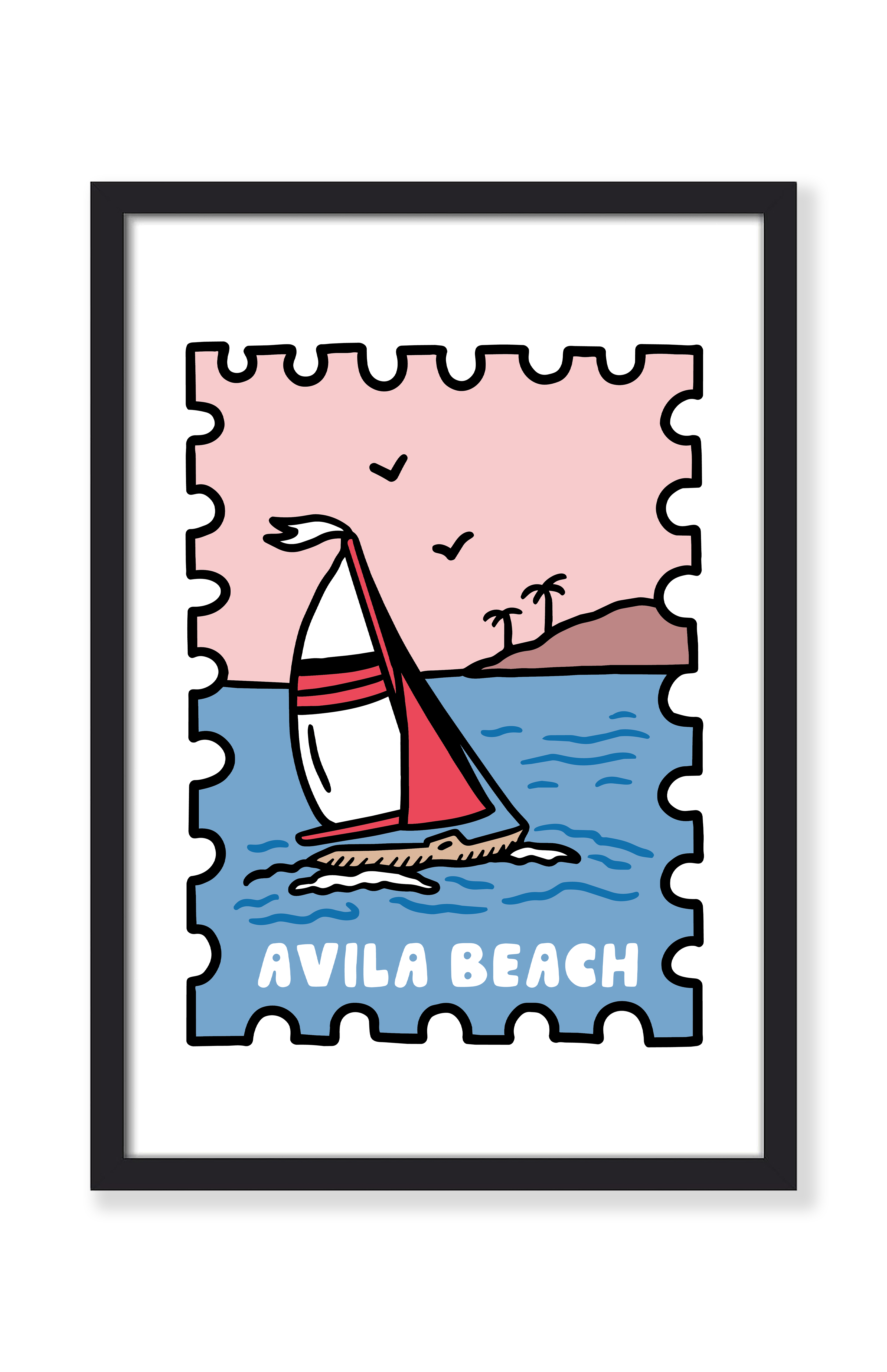 A framed art print featuring a stylized illustration of a sailboat on blue water with a pink sky and the text 'AVILA BEACH' at the bottom, shown against a clean white background.