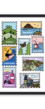 A framed art print featuring nine colorful postage stamp-style illustrations with coastal and landscape scenes, including mountains, a butterfly, a sailboat, a wine bottle, and a train, shown against a plain white background.