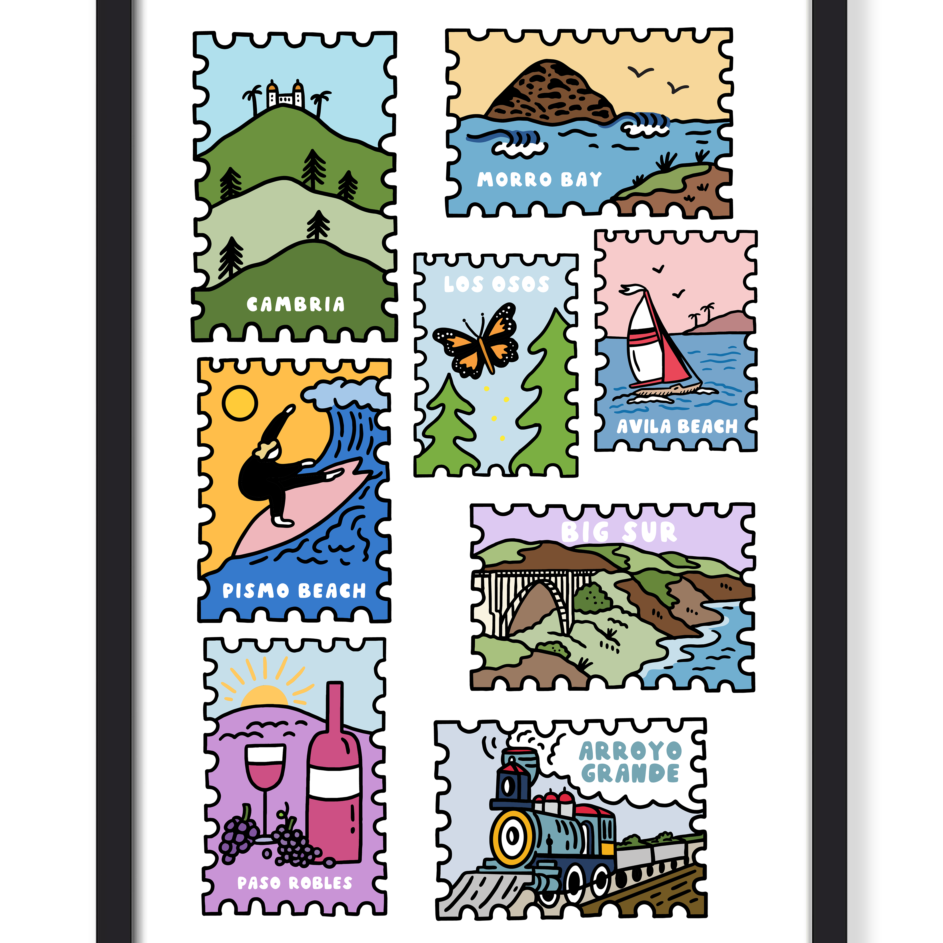 A framed art print featuring nine colorful postage stamp-style illustrations with coastal and landscape scenes, including mountains, a butterfly, a sailboat, a wine bottle, and a train, shown against a plain white background.
