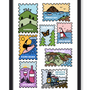 A framed art print featuring nine colorful postage stamp-style illustrations with coastal and landscape scenes, including mountains, a butterfly, a sailboat, a wine bottle, and a train, shown against a plain white background.
