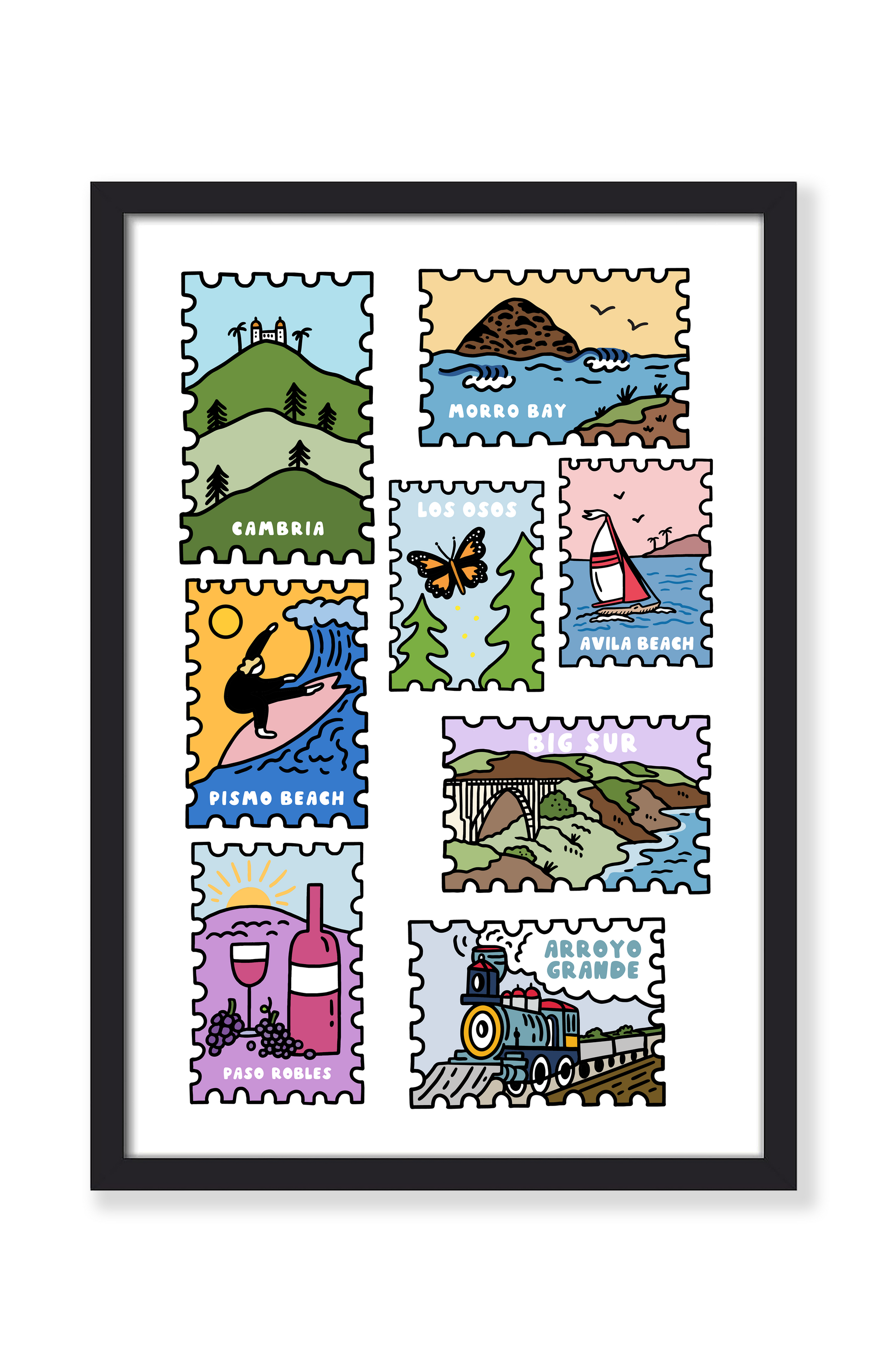 A framed art print featuring nine colorful postage stamp-style illustrations with coastal and landscape scenes, including mountains, a butterfly, a sailboat, a wine bottle, and a train, shown against a plain white background.