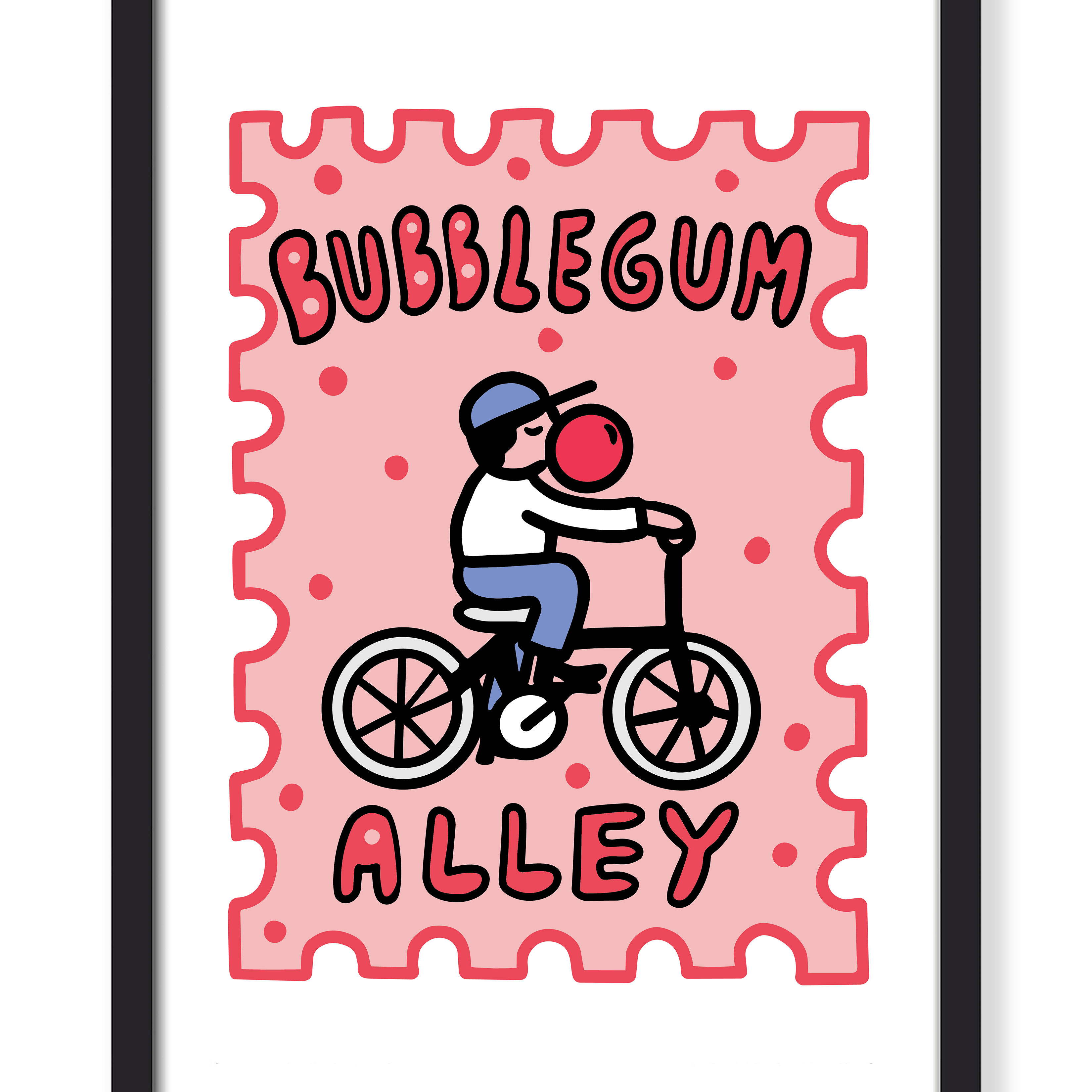 Framed art print featuring a pink stamp-like design with the words “BUBBLEGUM ALLEY” and a cartoon child riding a bicycle with a red bubble gum ball, shown in a black frame against a white background.