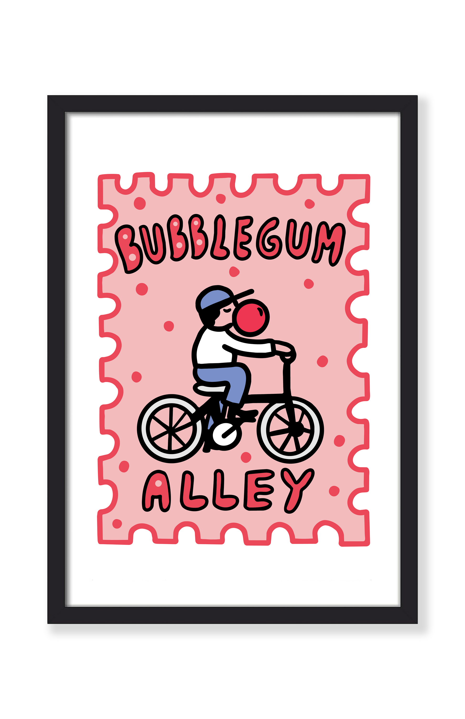 Framed art print featuring a pink stamp-like design with the words “BUBBLEGUM ALLEY” and a cartoon child riding a bicycle with a red bubble gum ball, shown in a black frame against a white background.