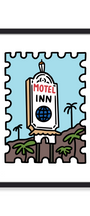 A framed art print featuring a retro-style illustration of a Motel Inn sign with palm trees and a blue sky, presented in a black frame with a white mat.