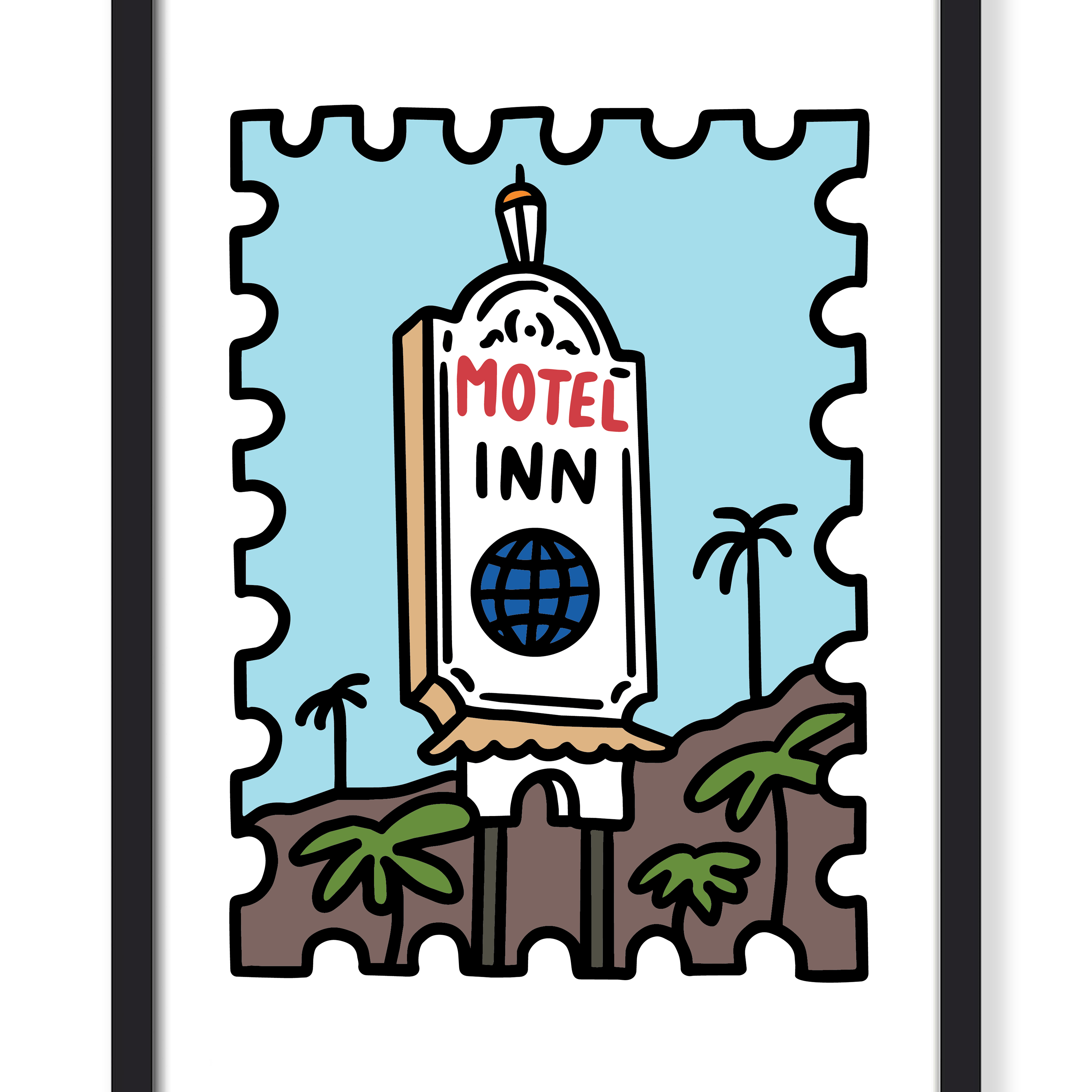 A framed art print featuring a retro-style illustration of a Motel Inn sign with palm trees and a blue sky, presented in a black frame with a white mat.