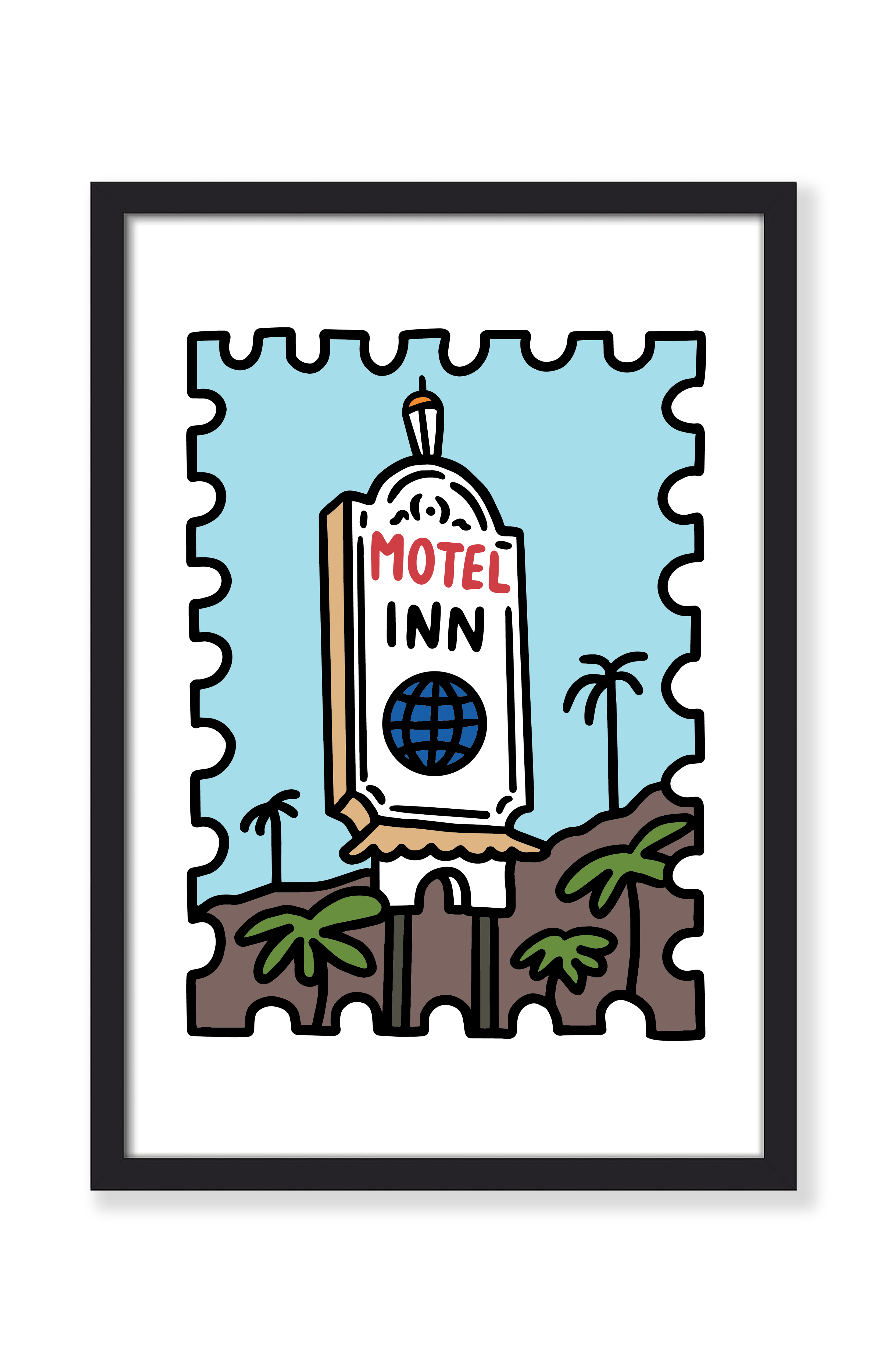 A framed art print featuring a retro-style illustration of a Motel Inn sign with palm trees and a blue sky, presented in a black frame with a white mat.