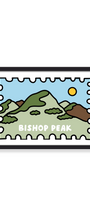 A framed art print featuring a stylized stamp-like illustration of Bishop Peak with green and brown mountains, a light blue sky, a yellow sun, and the words 'BISHOP PEAK' in white. The print is shown in a black frame against a clean white background.