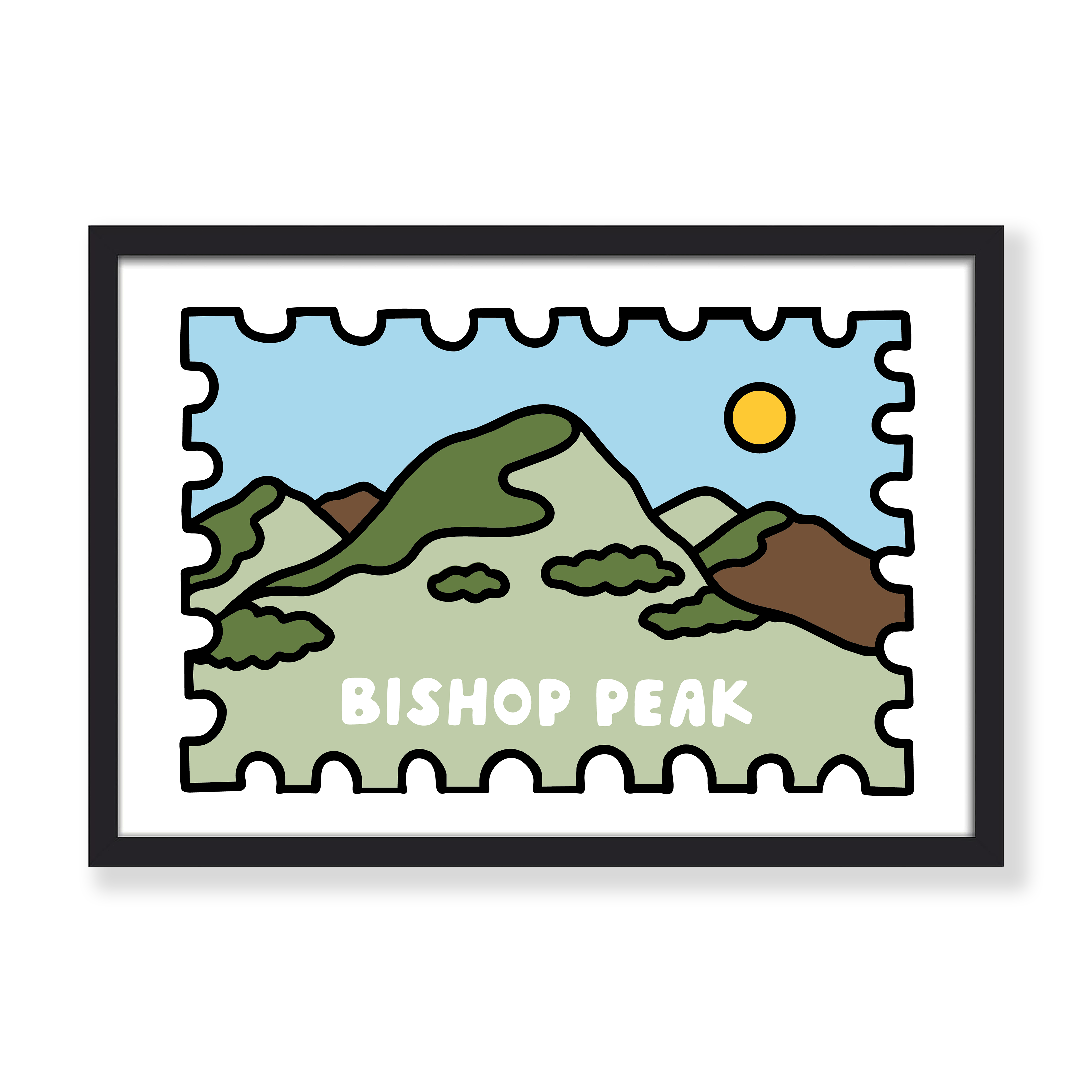 A framed art print featuring a stylized stamp-like illustration of Bishop Peak with green and brown mountains, a light blue sky, a yellow sun, and the words 'BISHOP PEAK' in white. The print is shown in a black frame against a clean white background.