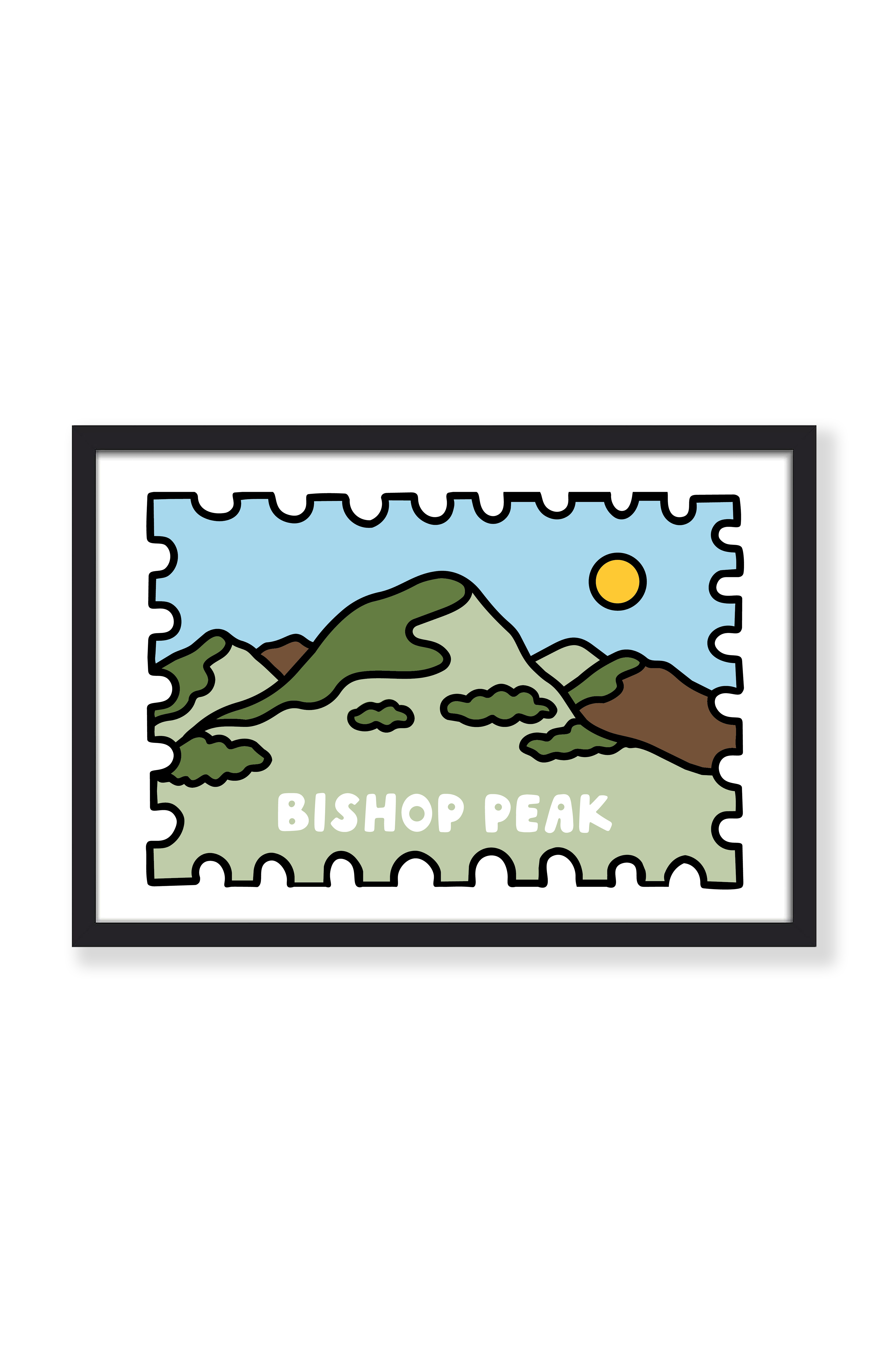 A framed art print featuring a stylized stamp-like illustration of Bishop Peak with green and brown mountains, a light blue sky, a yellow sun, and the words 'BISHOP PEAK' in white. The print is shown in a black frame against a clean white background.