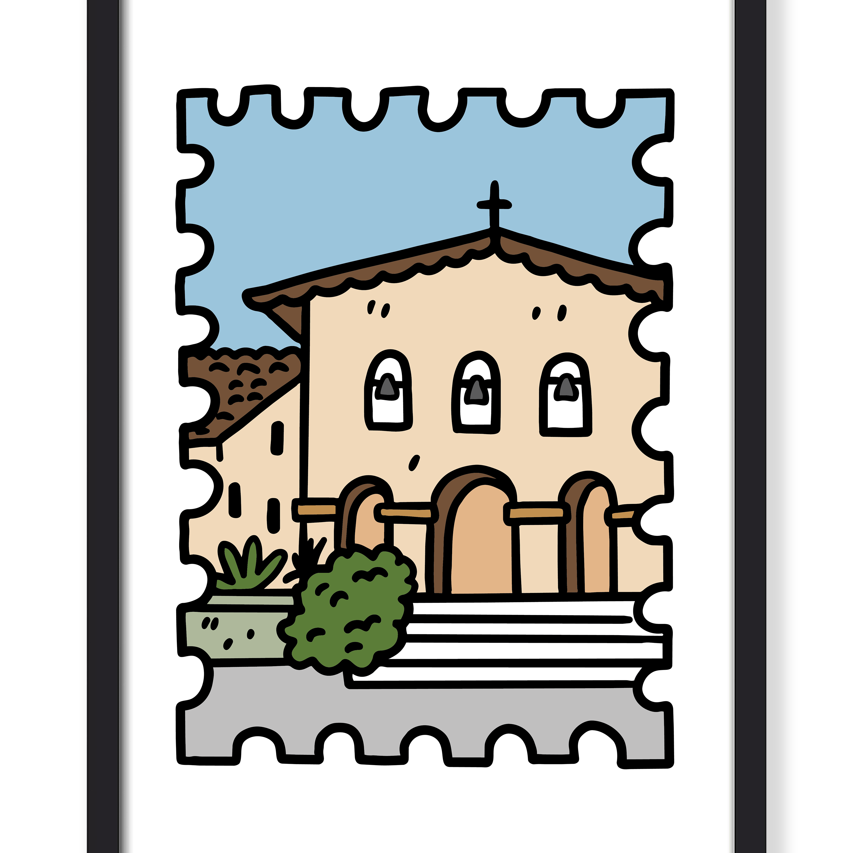 A framed art print featuring a stylized, stamp-like illustration of a beige church building with brown roof tiles, a blue sky, green shrubs, and gray steps, presented in a black frame against a white background.