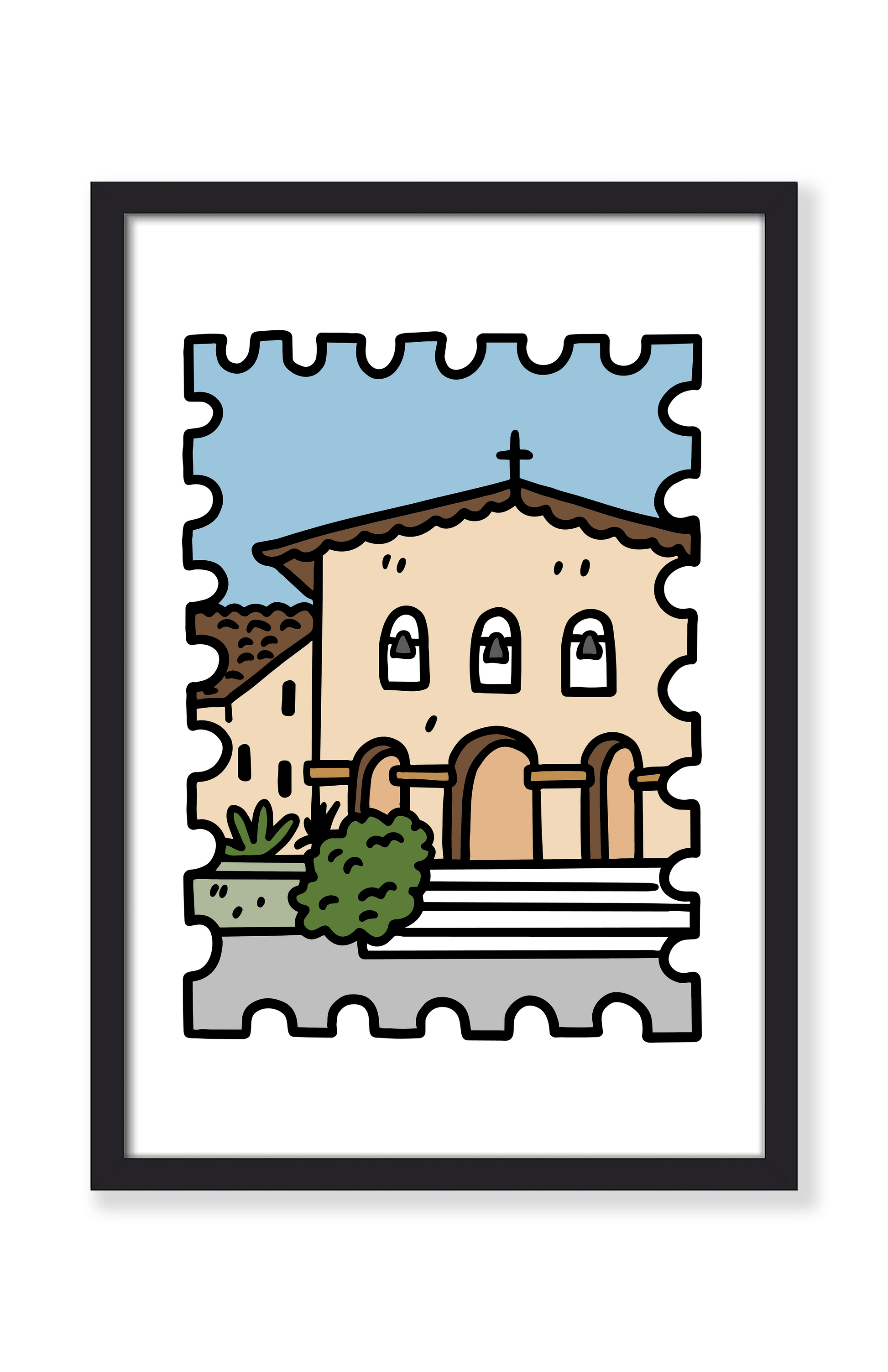 A framed art print featuring a stylized, stamp-like illustration of a beige church building with brown roof tiles, a blue sky, green shrubs, and gray steps, presented in a black frame against a white background.