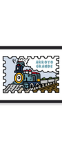A framed art print featuring a stylized illustration of a train on tracks with the text 'ARROYO GRANDE' in blue. The print has a puzzle-piece border design, is shown on a white background, and is enclosed in a simple black frame.
