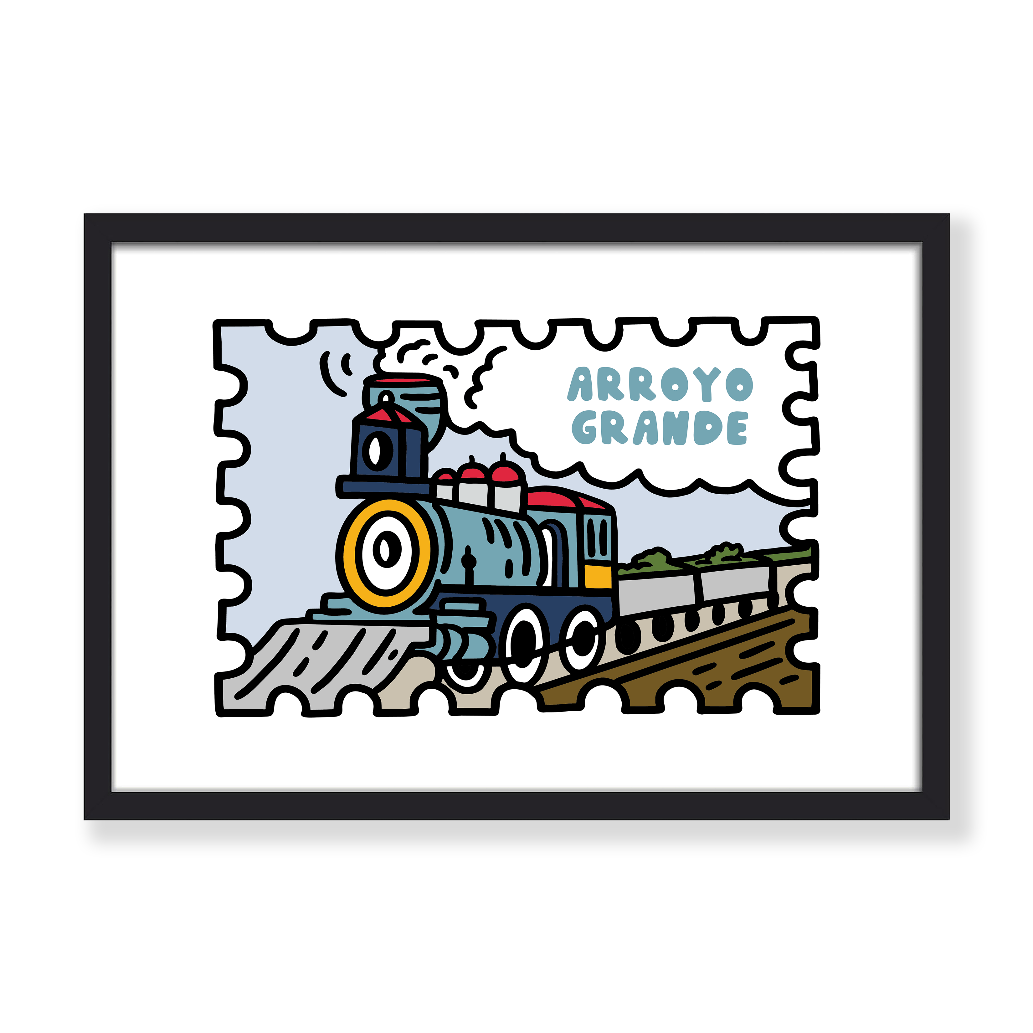 A framed art print featuring a stylized illustration of a train on tracks with the text 'ARROYO GRANDE' in blue. The print has a puzzle-piece border design, is shown on a white background, and is enclosed in a simple black frame.