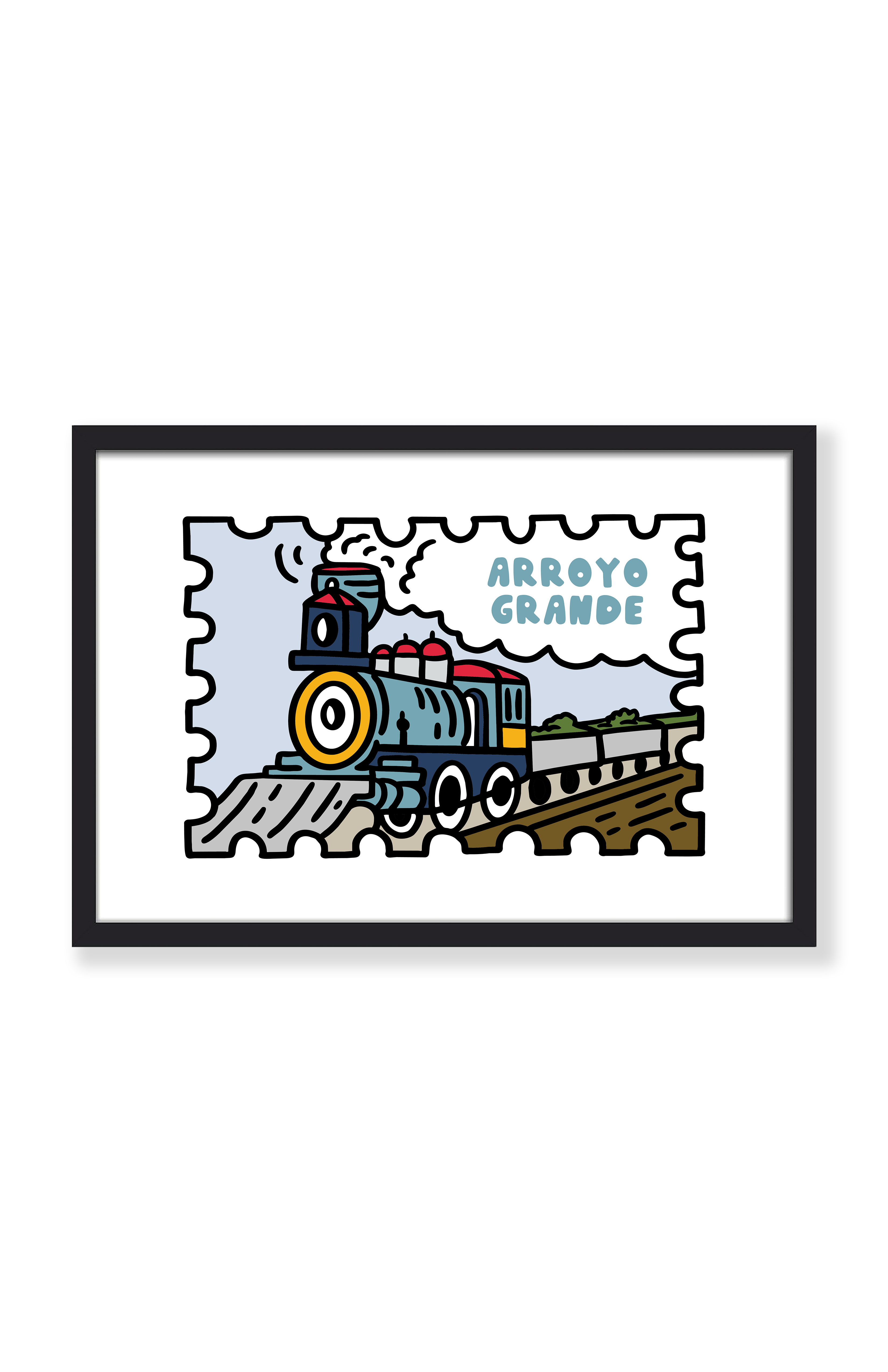 A framed art print featuring a stylized illustration of a train on tracks with the text 'ARROYO GRANDE' in blue. The print has a puzzle-piece border design, is shown on a white background, and is enclosed in a simple black frame.