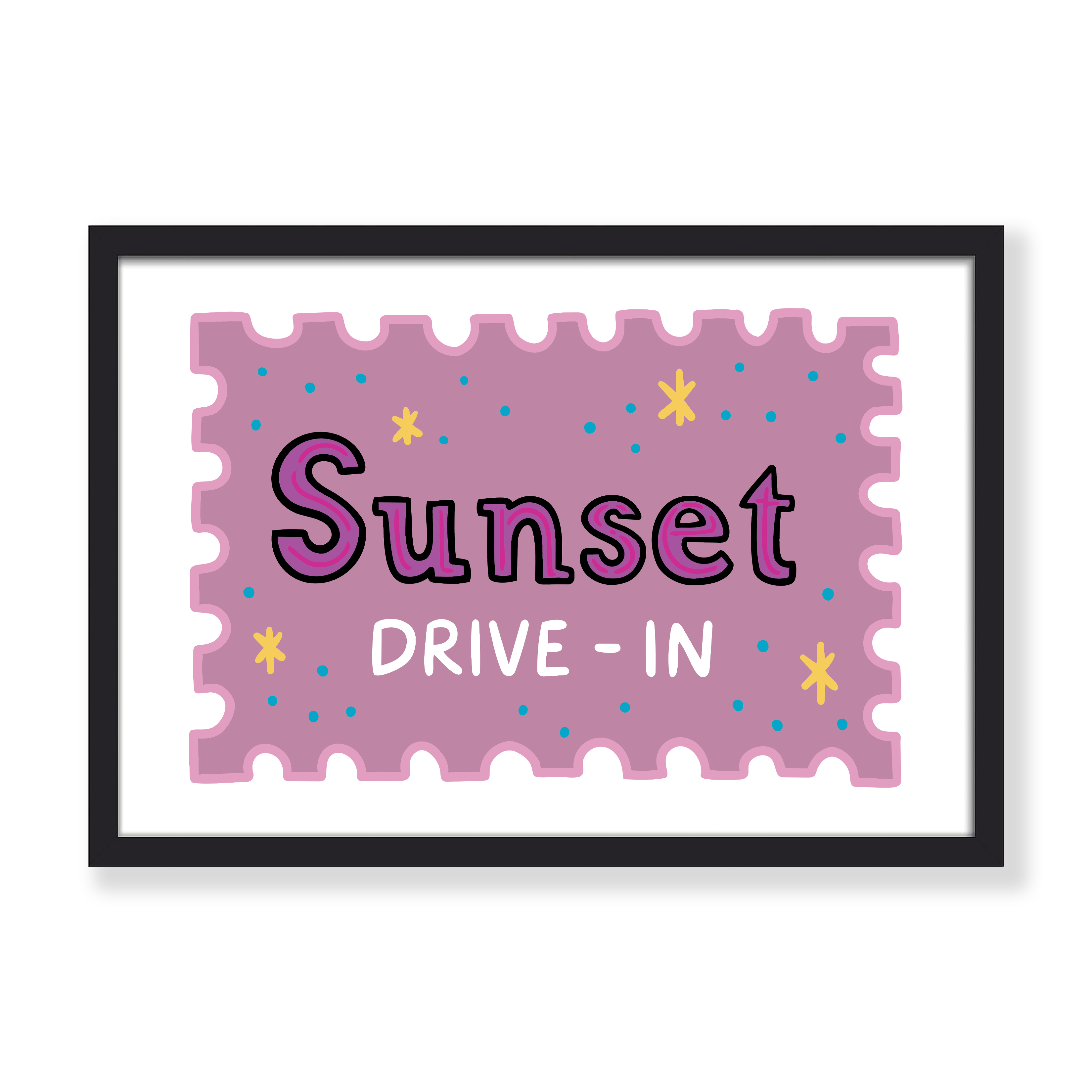A framed art print featuring a stylized postage stamp design with the words 'Sunset DRIVE - IN' in purple and white lettering on a dusty pink background, with small yellow and blue stars. The print is housed in a simple black frame against a clean white background.
