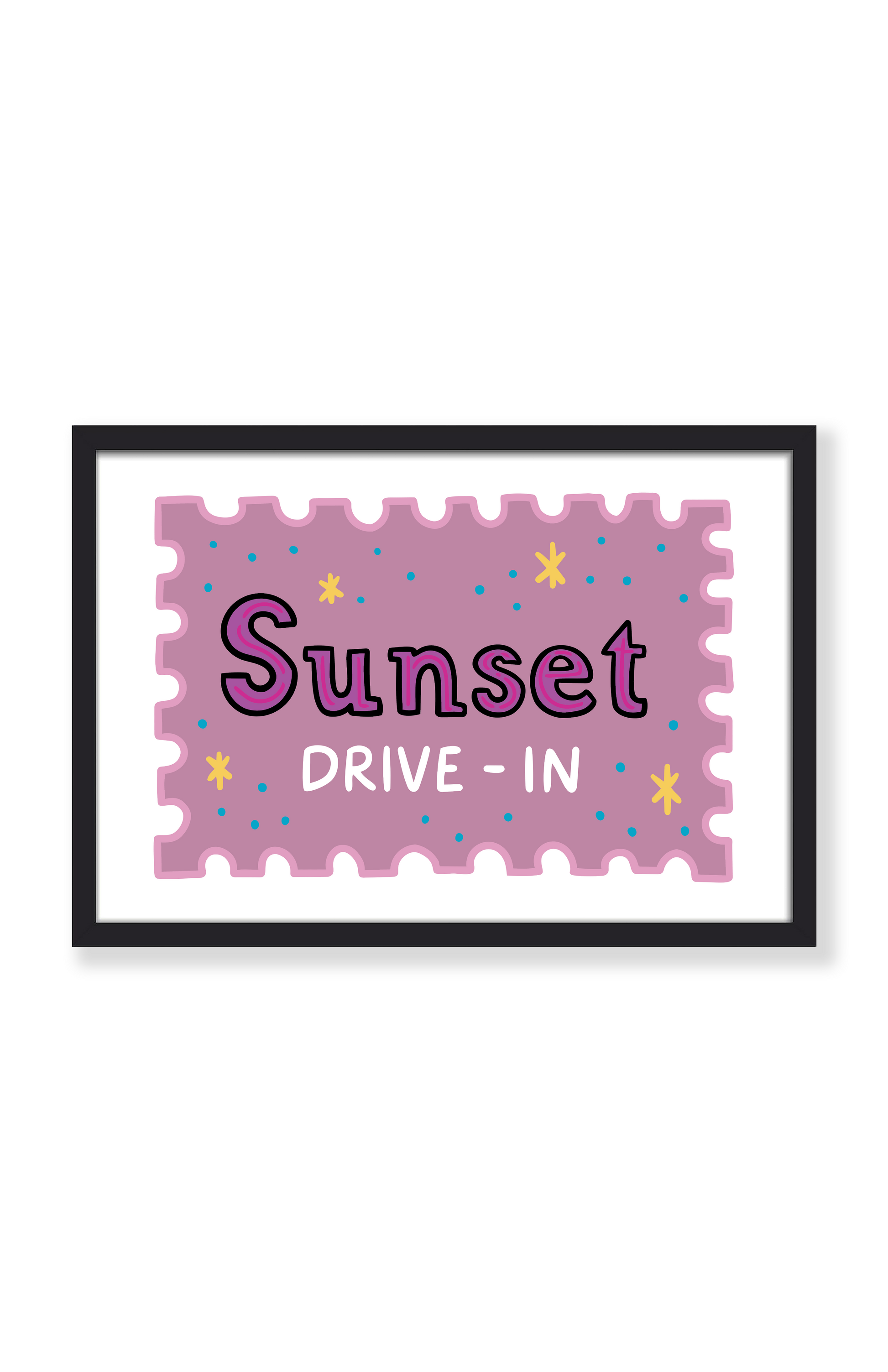 A framed art print featuring a stylized postage stamp design with the words 'Sunset DRIVE - IN' in purple and white lettering on a dusty pink background, with small yellow and blue stars. The print is housed in a simple black frame against a clean white background.