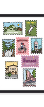 A framed art print featuring seven colorful, postage-stamp-style illustrations of local landmarks and scenes, including Bishop Peak, Call Poly, the Bubblegum Alley, a building, and a 'Sunset Drive-In' stamp, shown in a black frame against a white background.