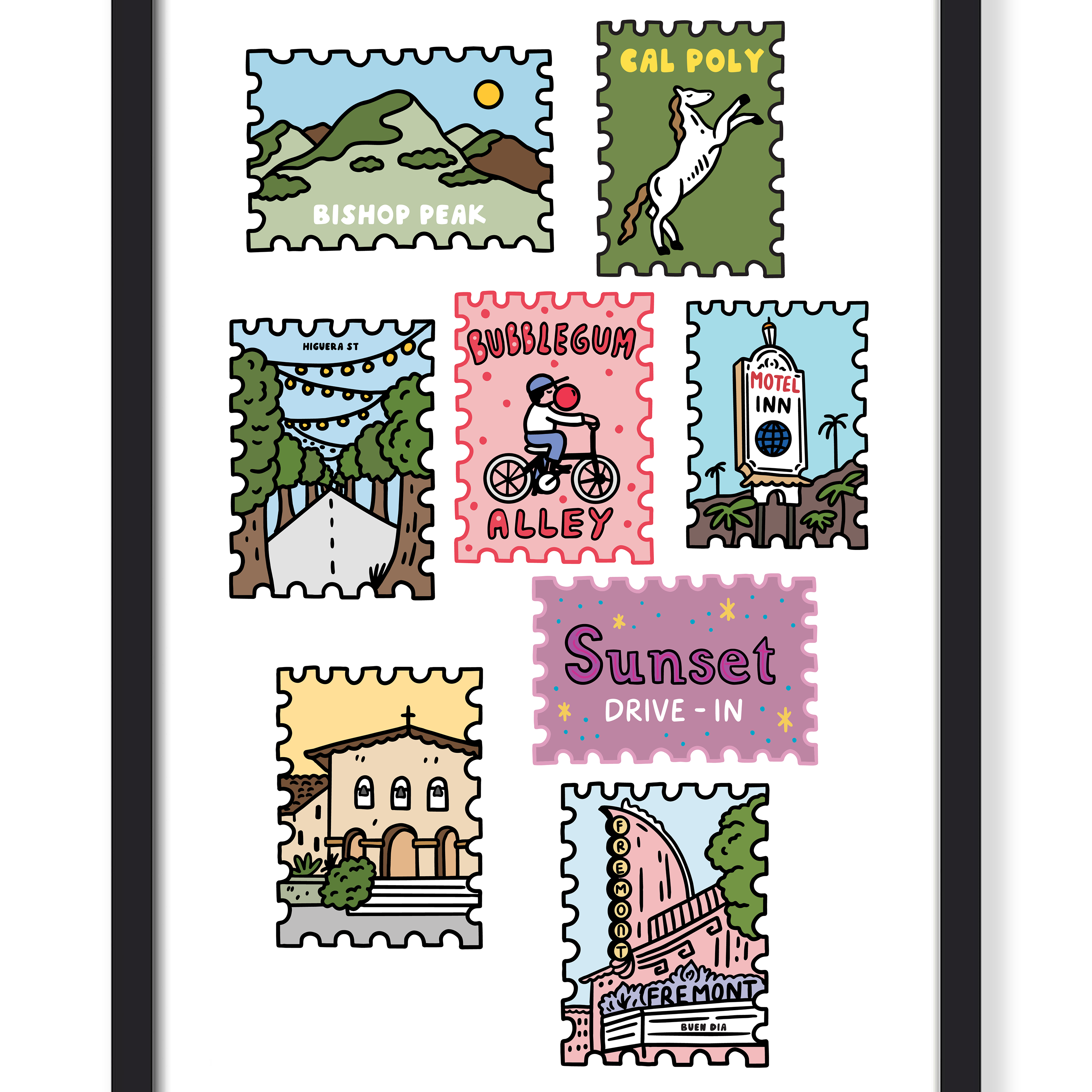 A framed art print featuring seven colorful, postage-stamp-style illustrations of local landmarks and scenes, including Bishop Peak, Call Poly, the Bubblegum Alley, a building, and a 'Sunset Drive-In' stamp, shown in a black frame against a white background.