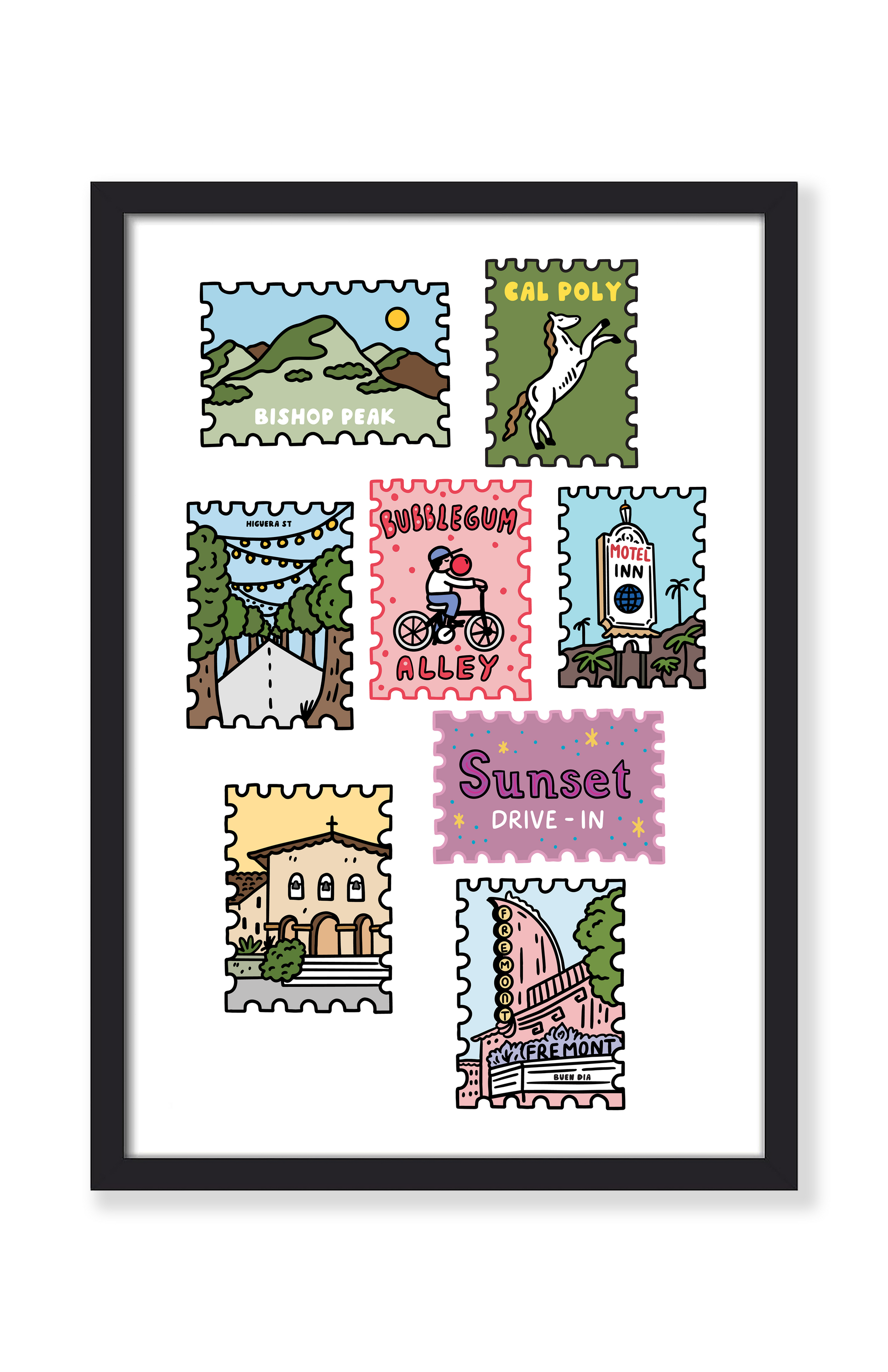 A framed art print featuring seven colorful, postage-stamp-style illustrations of local landmarks and scenes, including Bishop Peak, Call Poly, the Bubblegum Alley, a building, and a 'Sunset Drive-In' stamp, shown in a black frame against a white background.