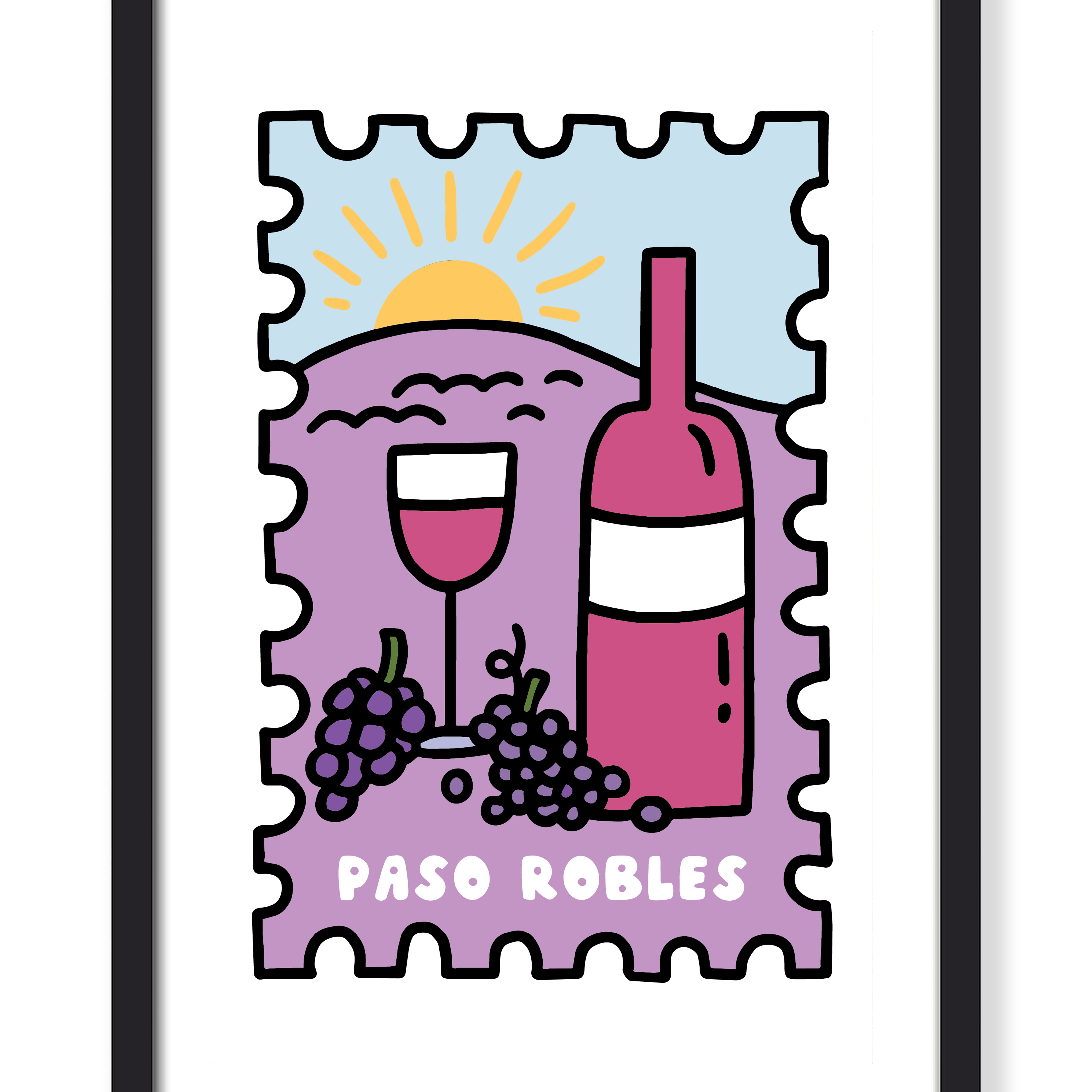 A framed art print featuring a stylized illustration of a wine bottle, wine glass, grapes, and a sun over hills, with the text 'PASO ROBLES' at the bottom. The print is mounted on a white background with a black frame.