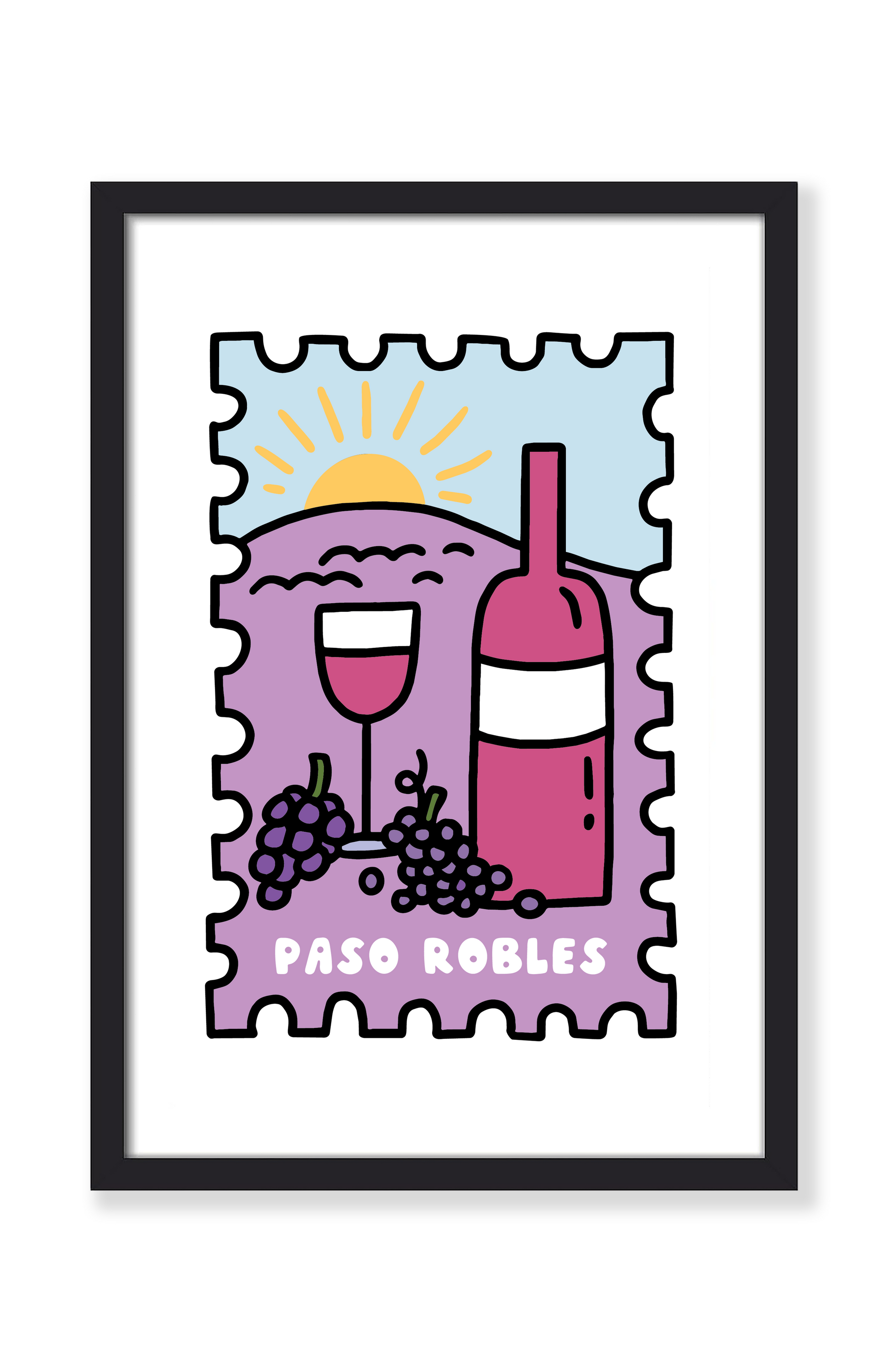 A framed art print featuring a stylized illustration of a wine bottle, wine glass, grapes, and a sun over hills, with the text 'PASO ROBLES' at the bottom. The print is mounted on a white background with a black frame.