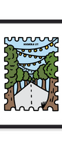 A framed art print featuring a stylized illustration of a road lined with trees under string lights, labeled 'HIGUERA ST', shown in a black frame against a white background.