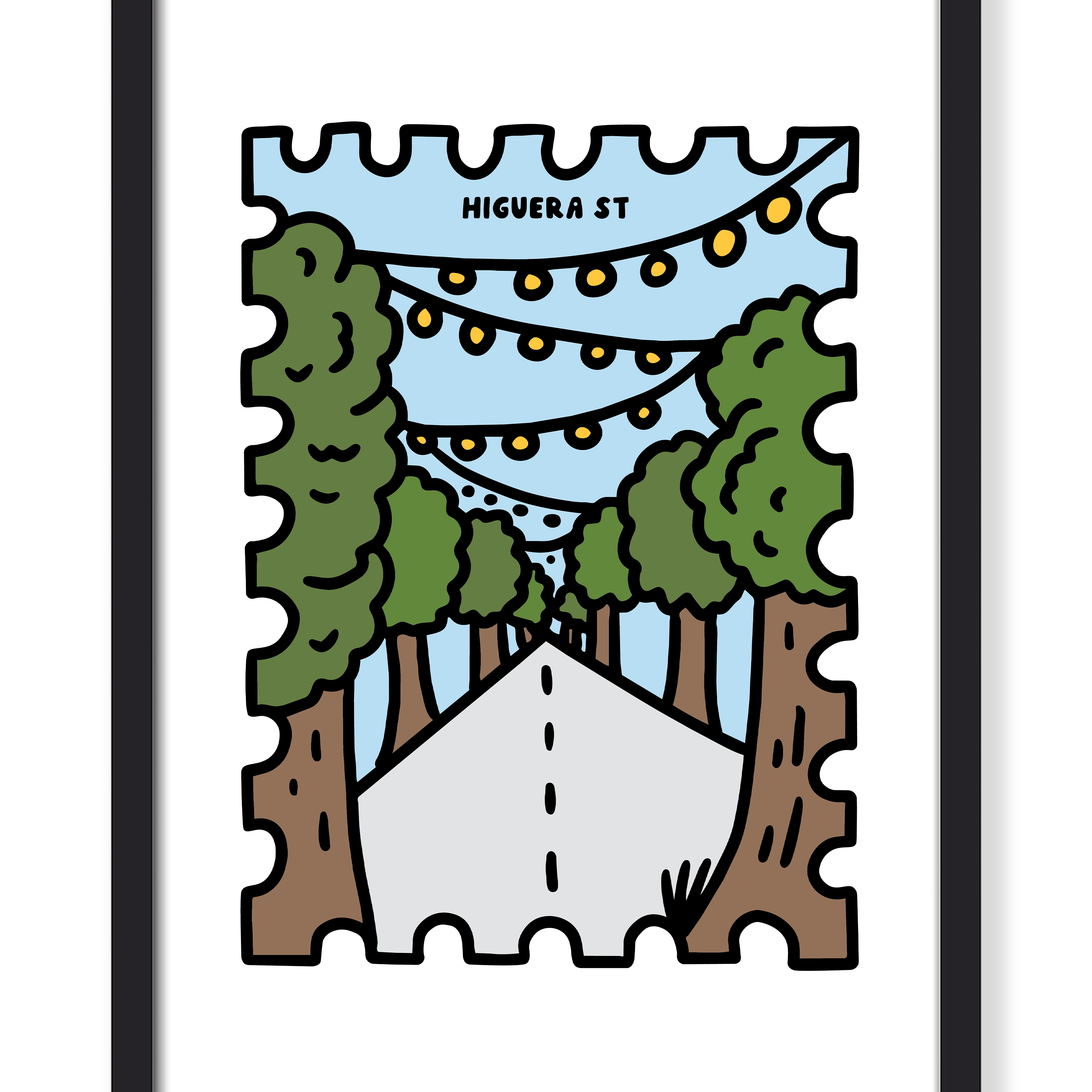 A framed art print featuring a stylized illustration of a road lined with trees under string lights, labeled 'HIGUERA ST', shown in a black frame against a white background.