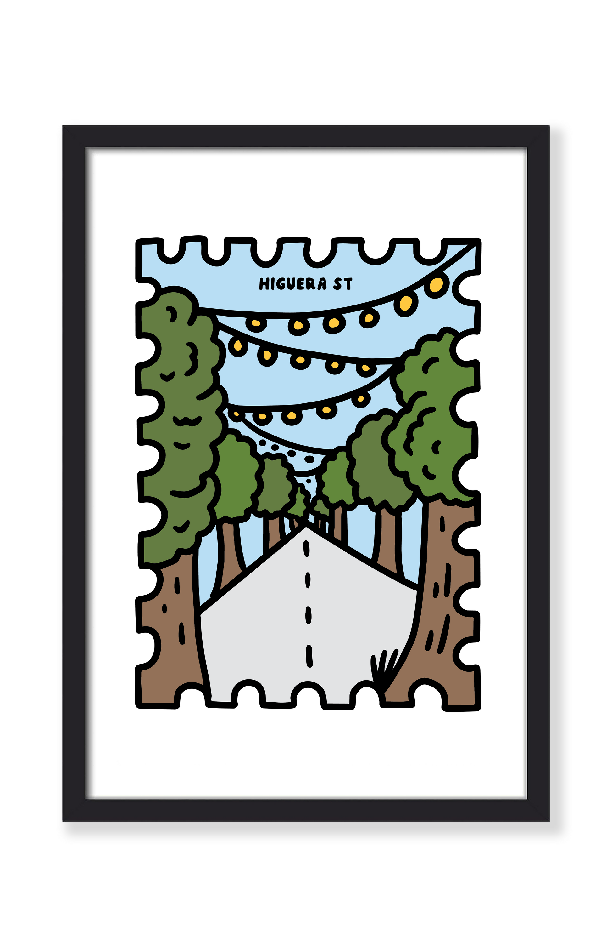 A framed art print featuring a stylized illustration of a road lined with trees under string lights, labeled 'HIGUERA ST', shown in a black frame against a white background.