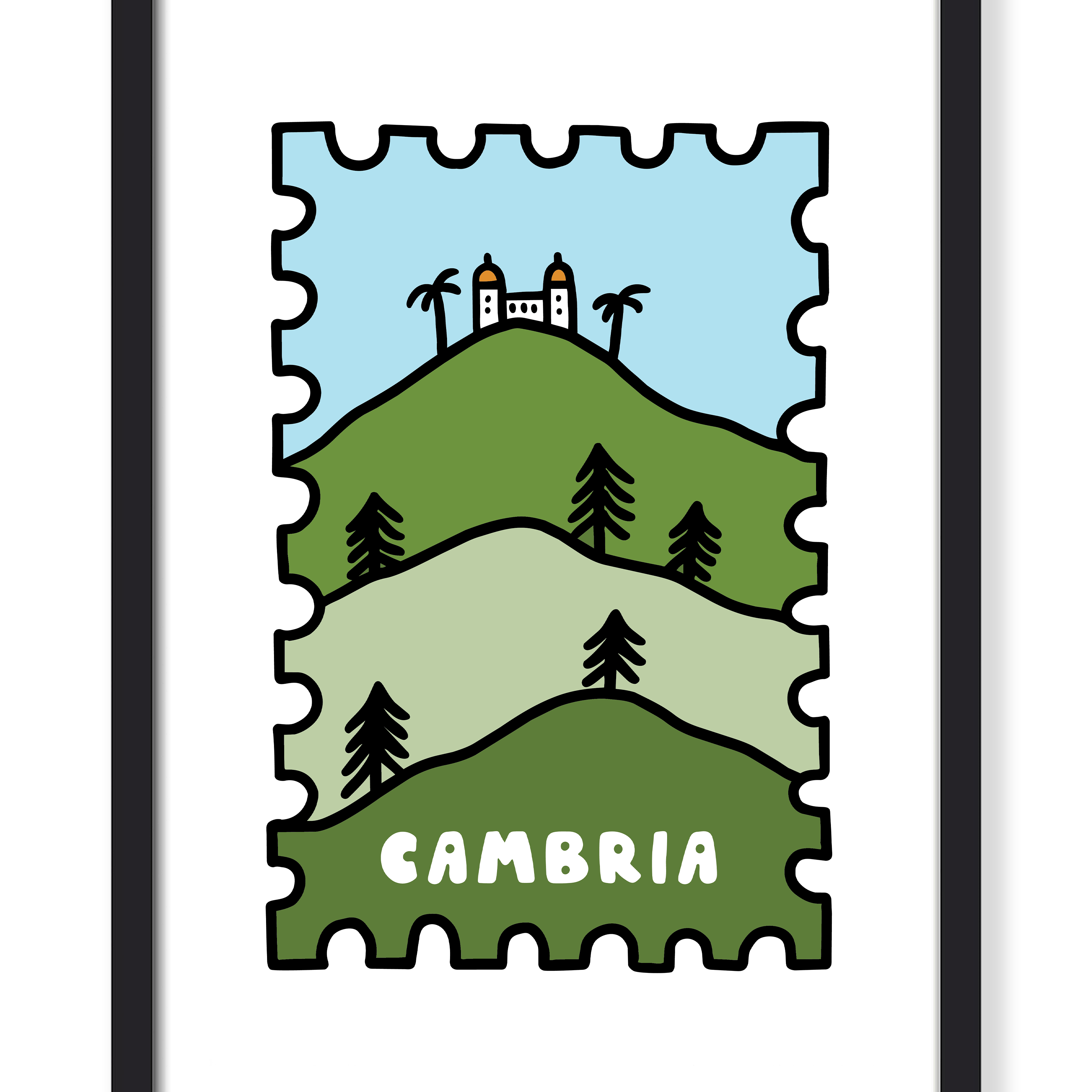 A framed art print featuring a stylized postage stamp design with rolling green hills, palm trees, a small white building on top, and the word 'CAMBRIA' in white. The print is mounted with a wide white mat and enclosed in a slim black frame against a light gray background.