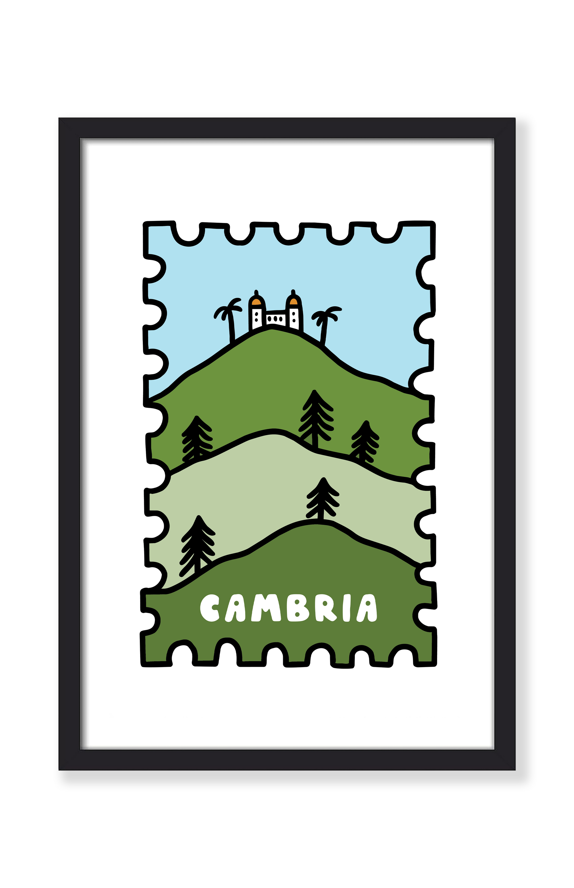 A framed art print featuring a stylized postage stamp design with rolling green hills, palm trees, a small white building on top, and the word 'CAMBRIA' in white. The print is mounted with a wide white mat and enclosed in a slim black frame against a light gray background.