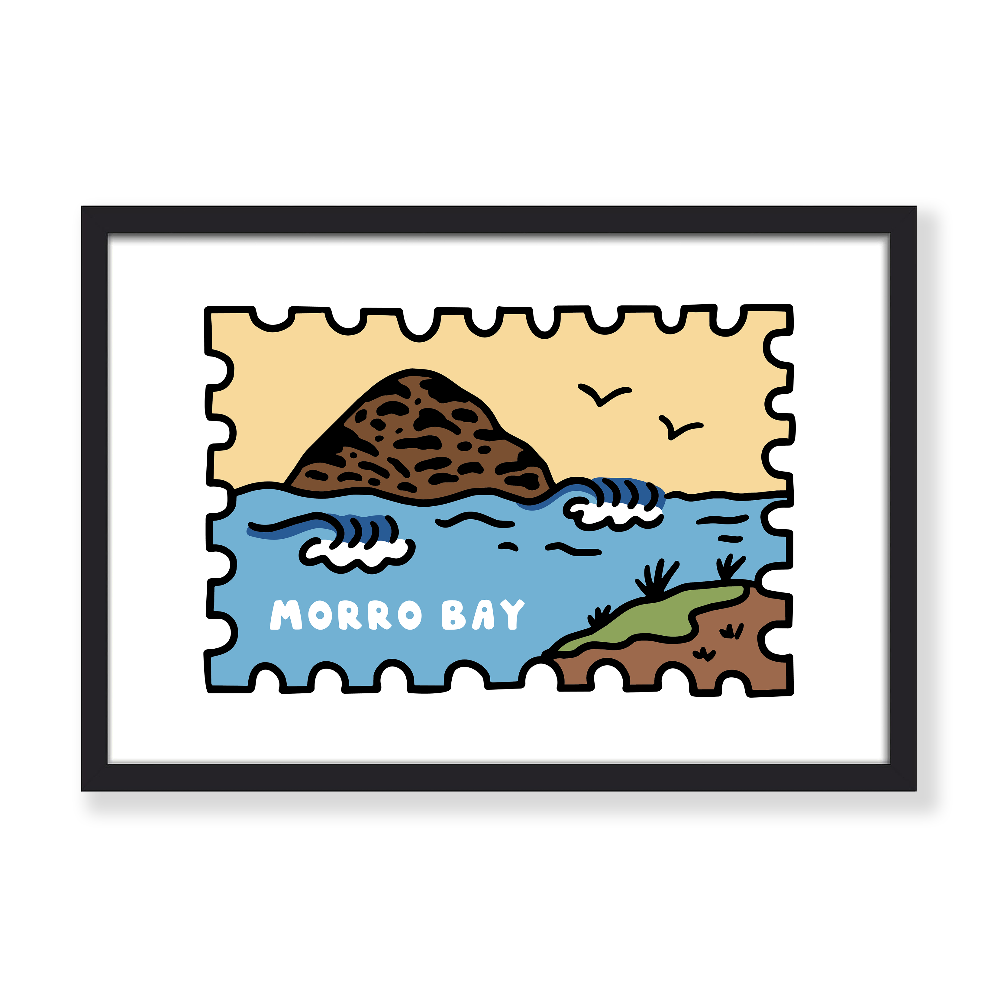 A framed art print featuring a stylized illustration of Morro Bay, with blue water, a brown rocky island, a beige sky, and the words 'MORRO BAY' in white. The print is shown in a black frame against a clean white background.