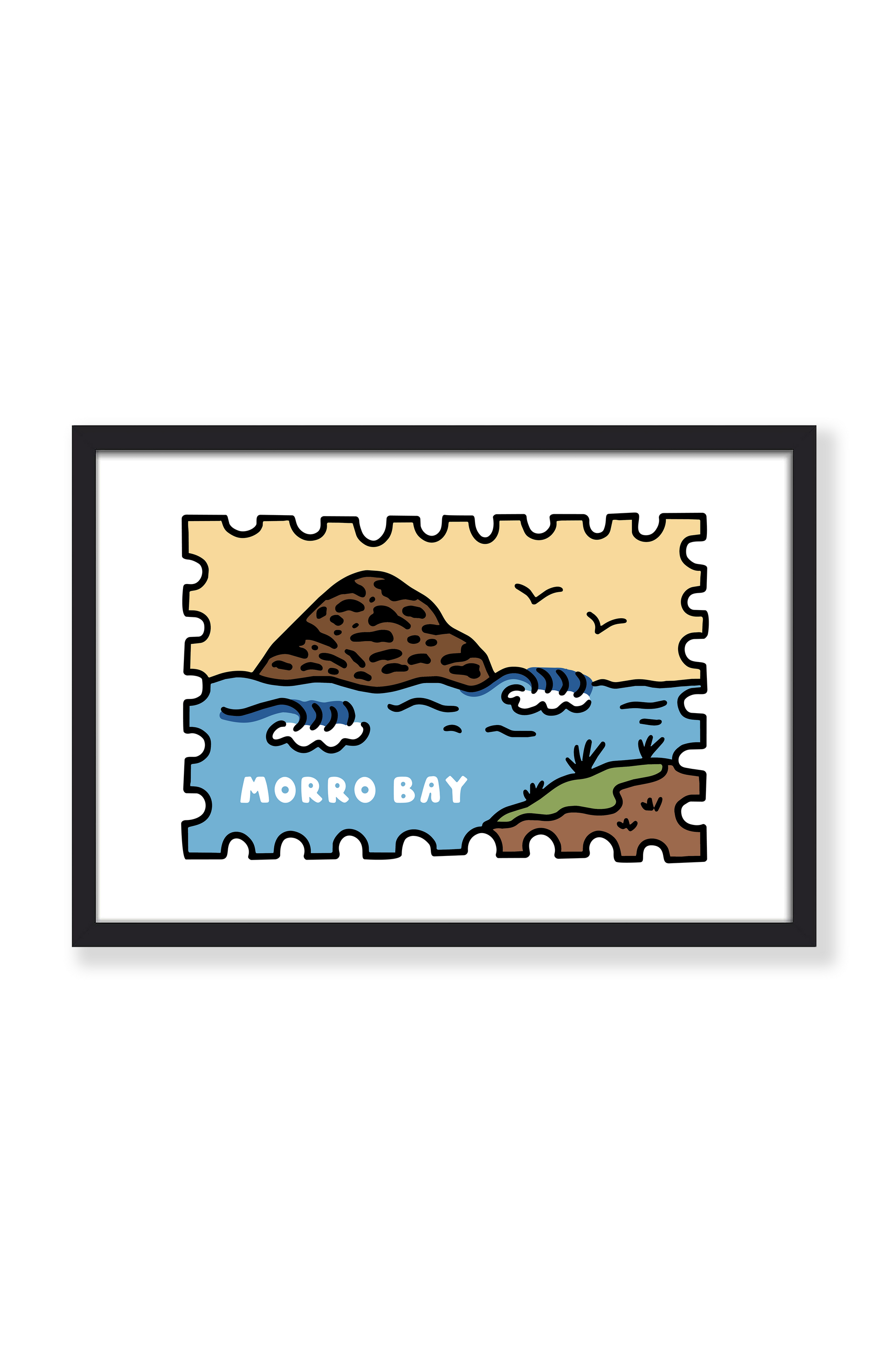 A framed art print featuring a stylized illustration of Morro Bay, with blue water, a brown rocky island, a beige sky, and the words 'MORRO BAY' in white. The print is shown in a black frame against a clean white background.