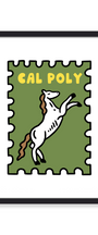 A framed art print featuring a stylized white horse rearing up on a green postage-stamp-like background with the yellow text 'CAL POLY'. The print is displayed in a black frame against a clean white background.