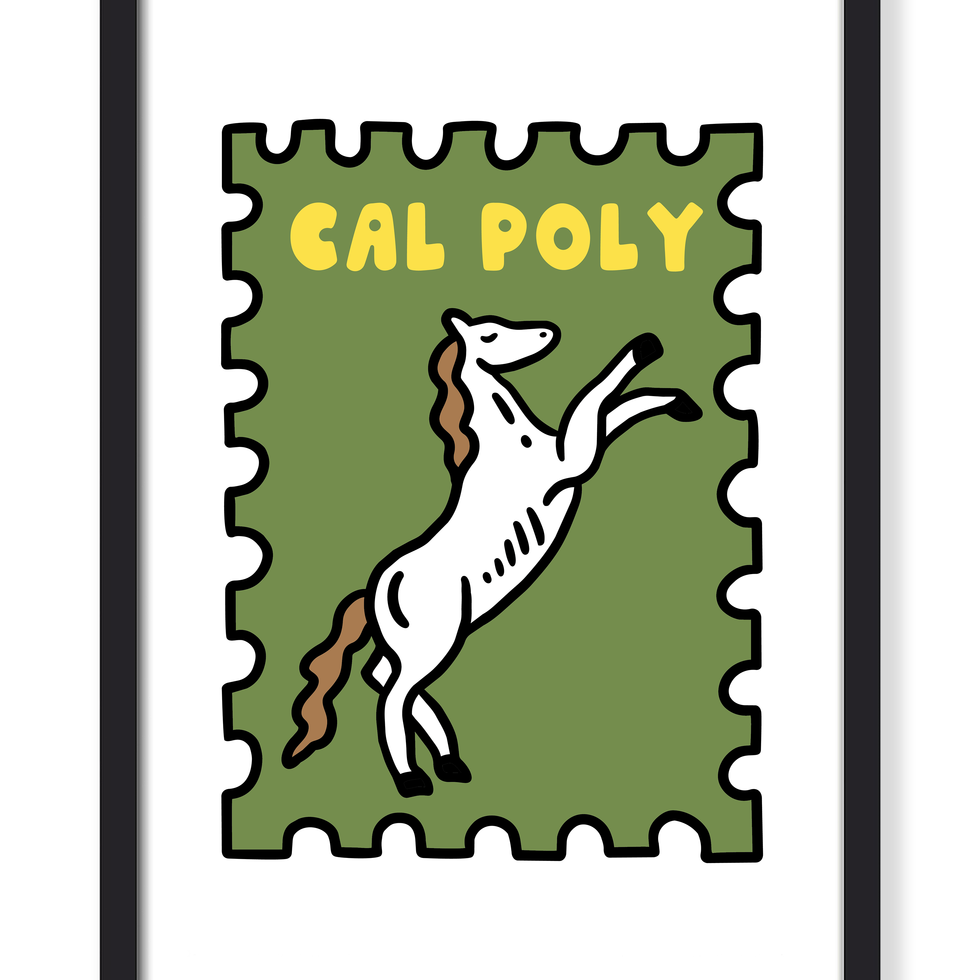 A framed art print featuring a stylized white horse rearing up on a green postage-stamp-like background with the yellow text 'CAL POLY'. The print is displayed in a black frame against a clean white background.