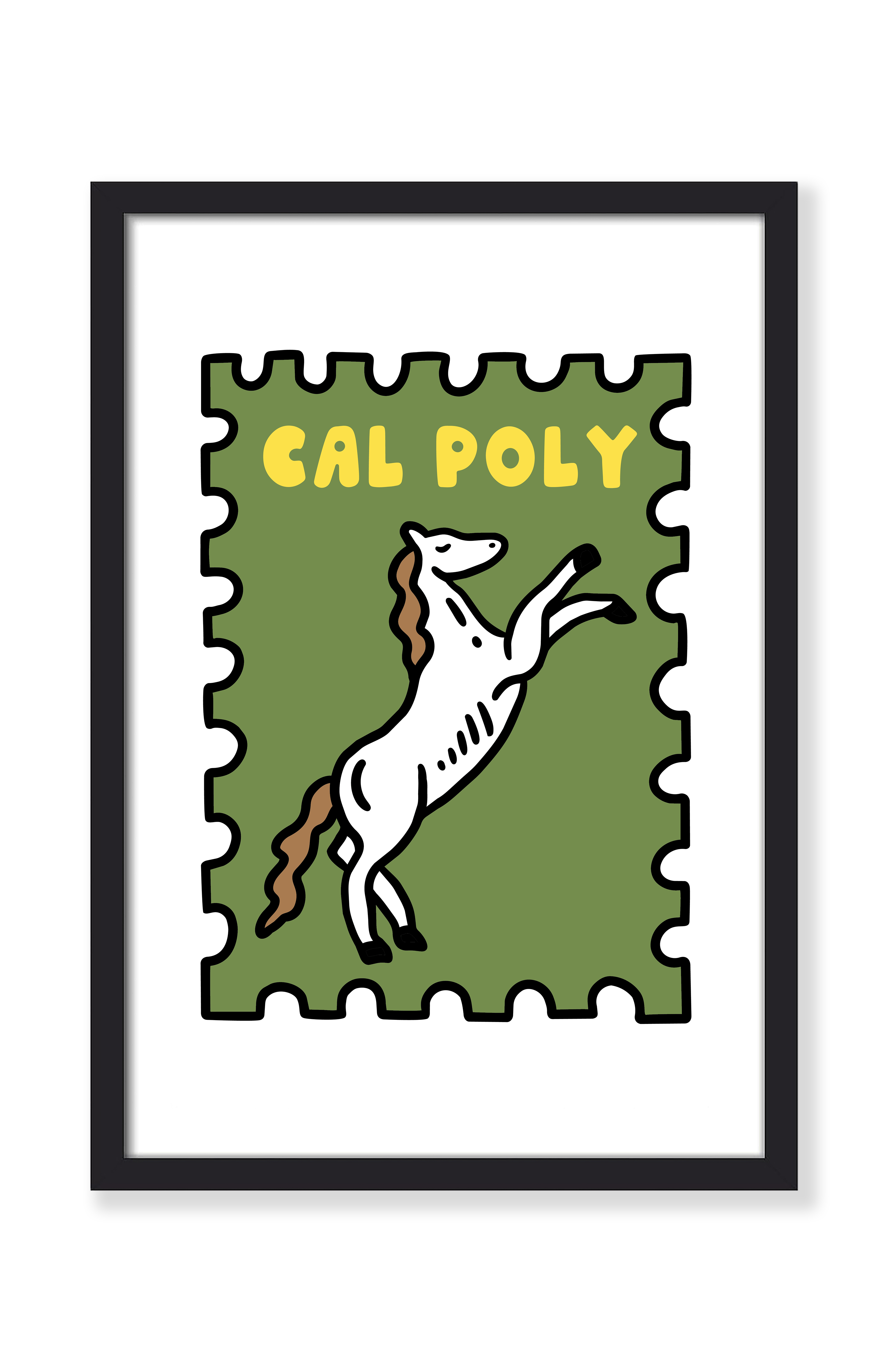 A framed art print featuring a stylized white horse rearing up on a green postage-stamp-like background with the yellow text 'CAL POLY'. The print is displayed in a black frame against a clean white background.