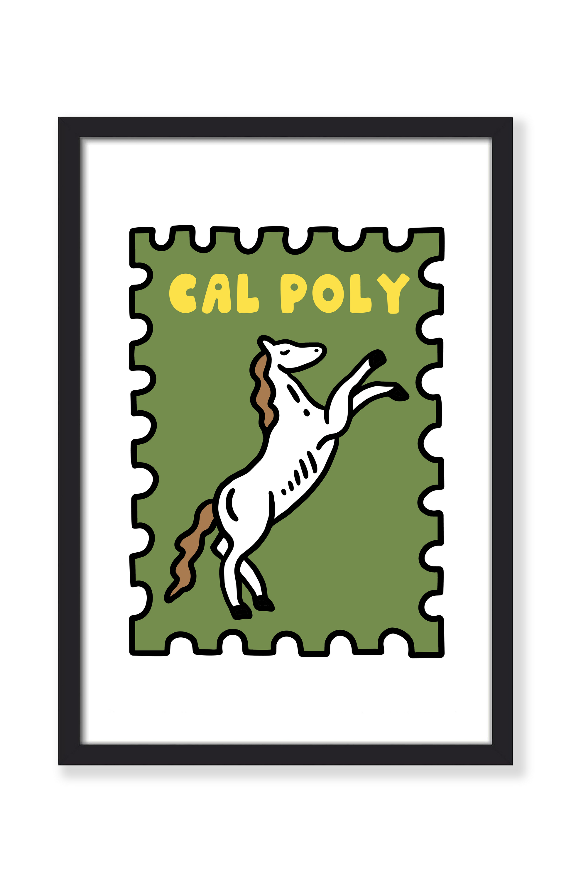 A framed art print featuring a stylized white horse rearing up on a green postage-stamp-like background with the yellow text 'CAL POLY'. The print is displayed in a black frame against a clean white background.