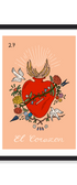 Framed artwork of a red heart with floral elements on a peach background. Buen Dia art prints San Luis Obispo