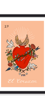 Framed artwork of a red heart with floral elements on a peach background. Buen Dia art prints San Luis Obispo