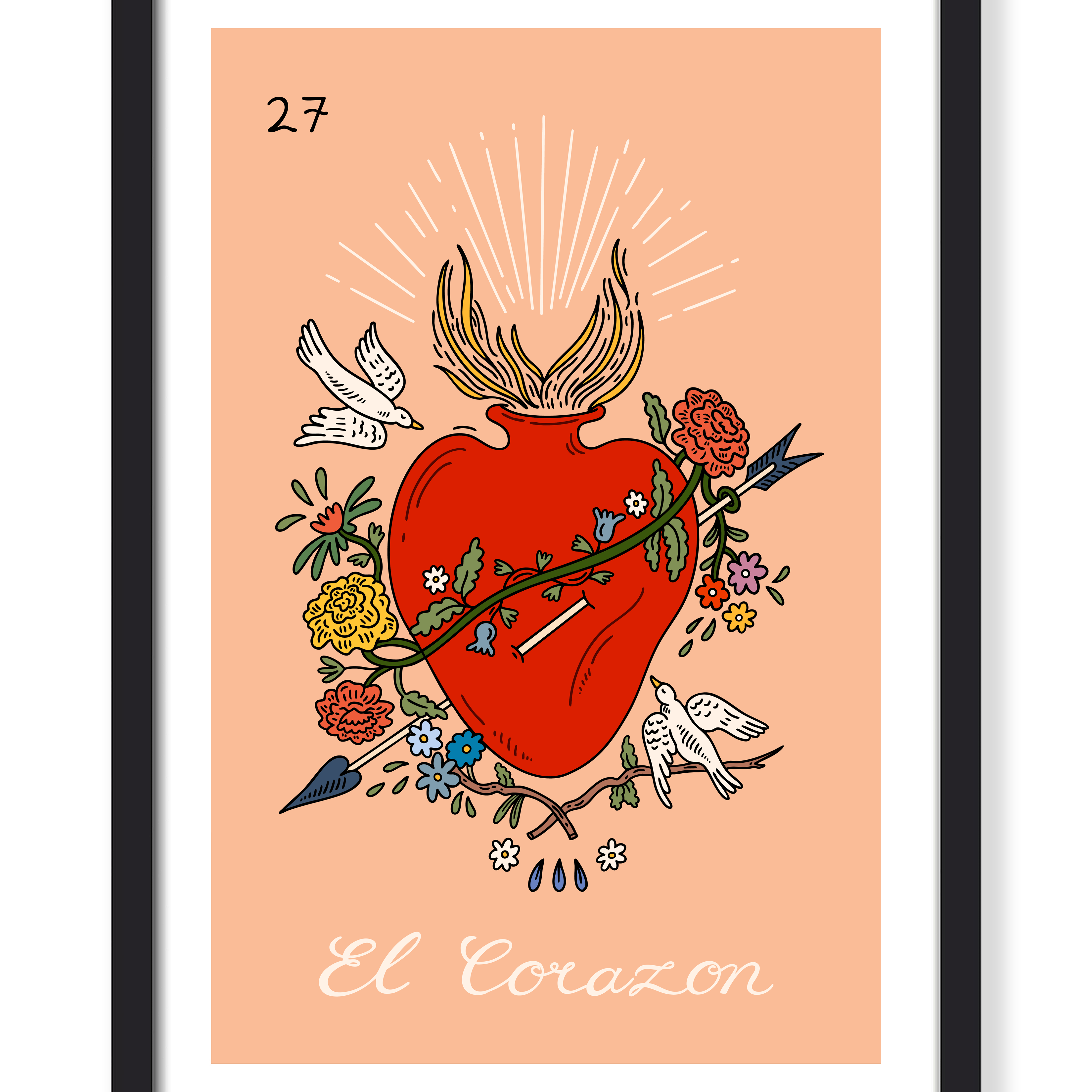 Framed artwork of a red heart with floral elements on a peach background. Buen Dia art prints San Luis Obispo