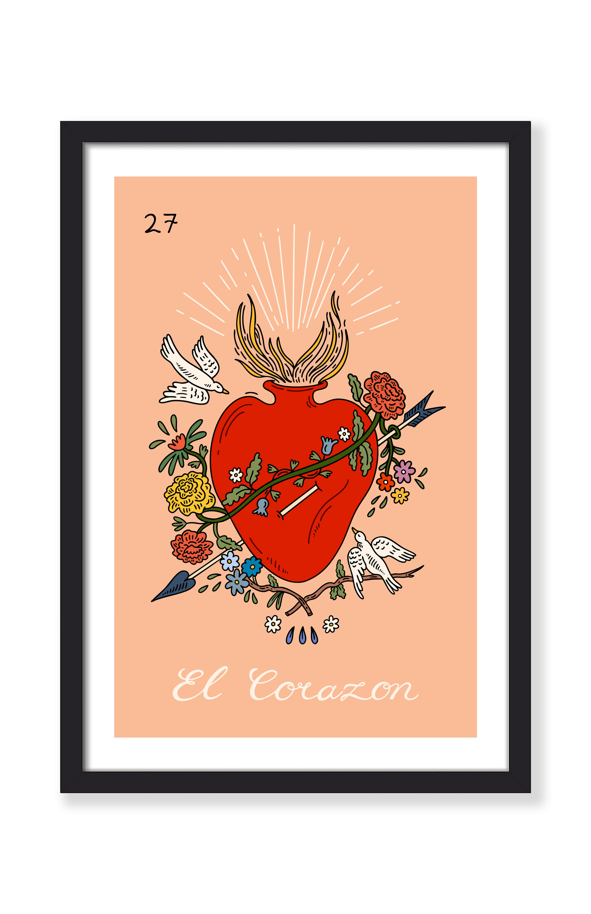 Framed artwork of a red heart with floral elements on a peach background. Buen Dia art prints San Luis Obispo