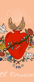 Illustration of a red heart with flowers and birds on a peach background, featuring the text 'El Corazon'. Buen Dia art prints San Luis Obispo