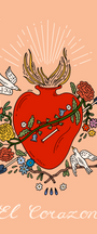 Illustration of a red heart with flowers and birds on a peach background, featuring the text 'El Corazon'. Buen Dia art prints San Luis Obispo