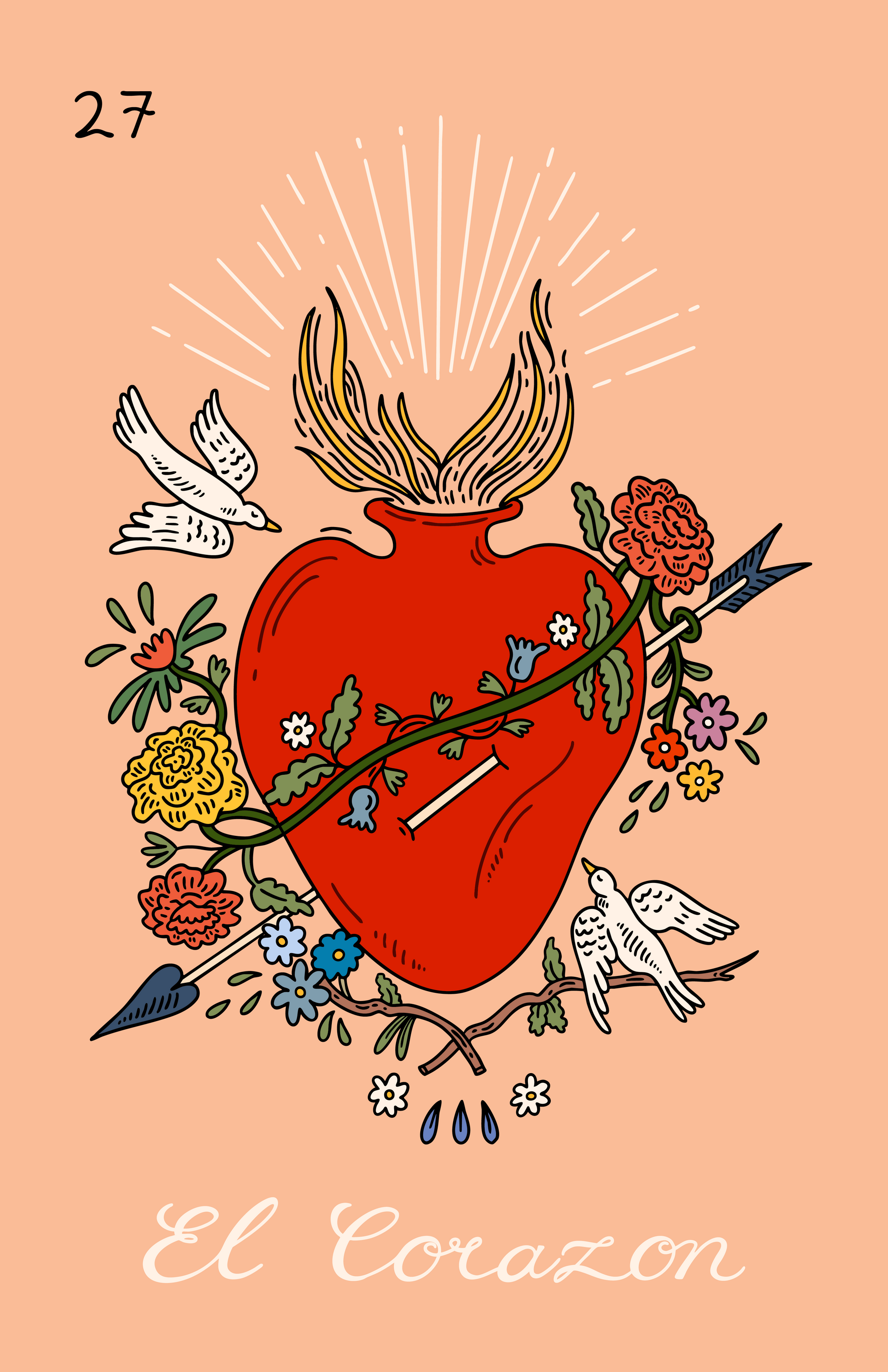 Illustration of a red heart with flowers and birds on a peach background, featuring the text 'El Corazon'. Buen Dia art prints San Luis Obispo